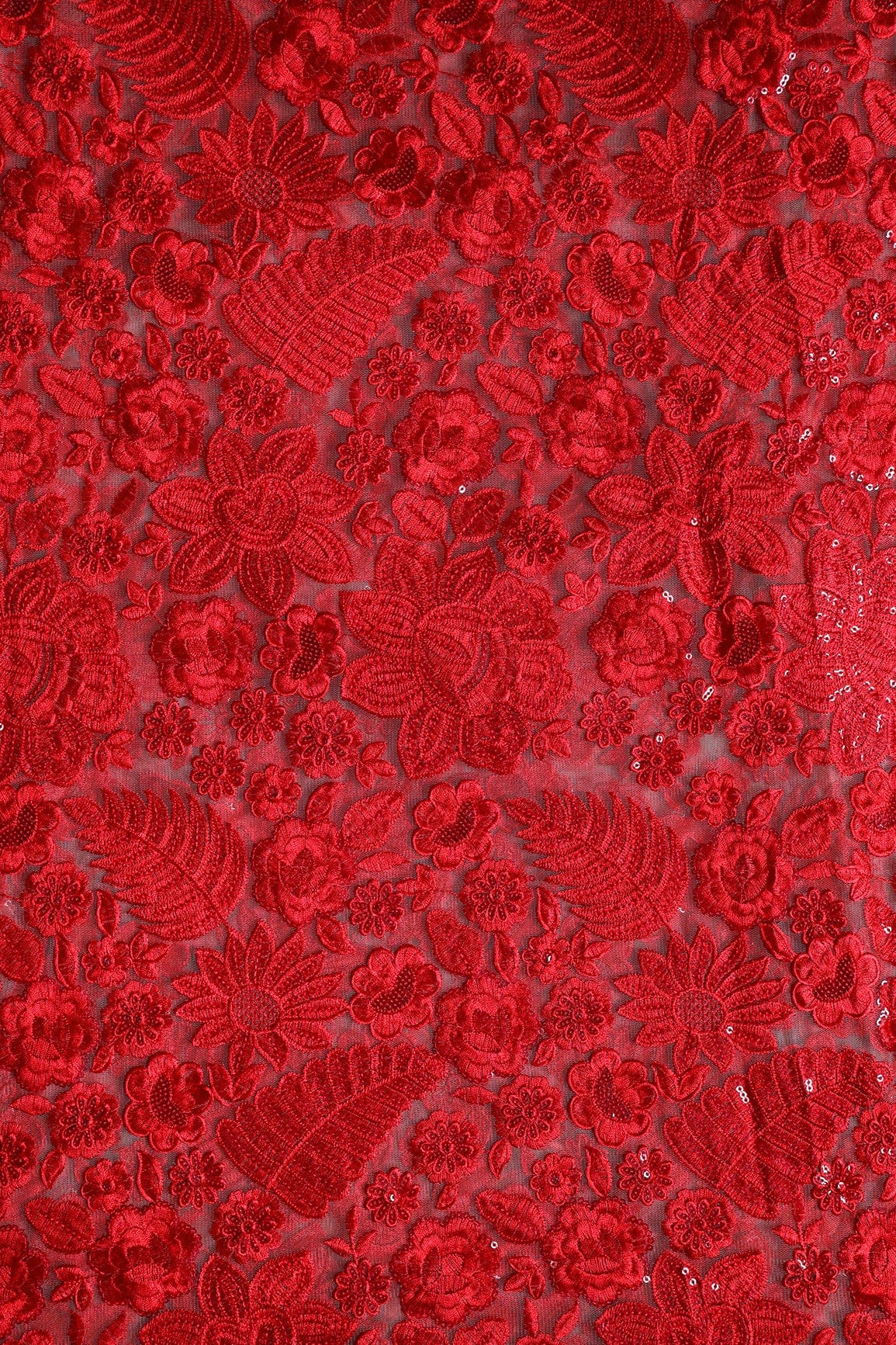 Red Thread With Sequins Heavy Floral Embroidery On Beige Soft Net Fabric - doeraa