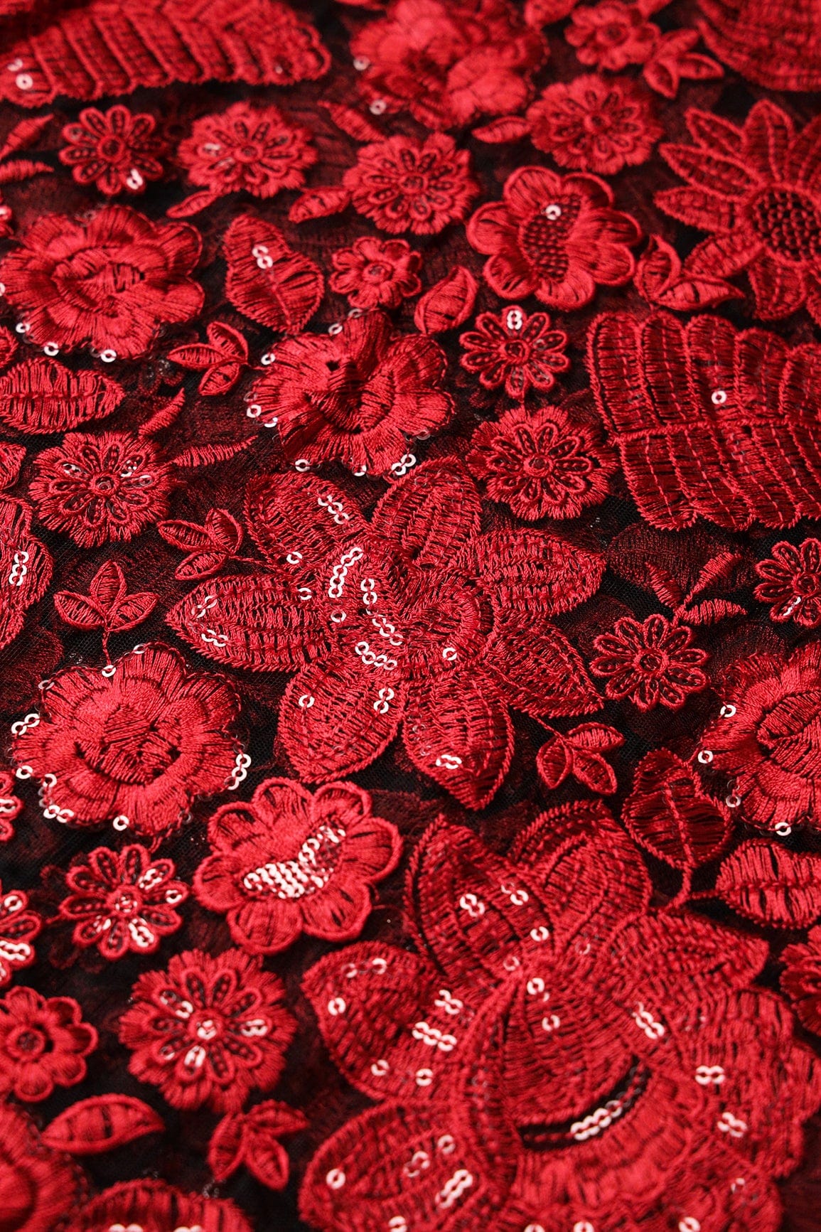 Red Thread With Sequins Heavy Floral Embroidery On Black Soft Net Fabric - doeraa