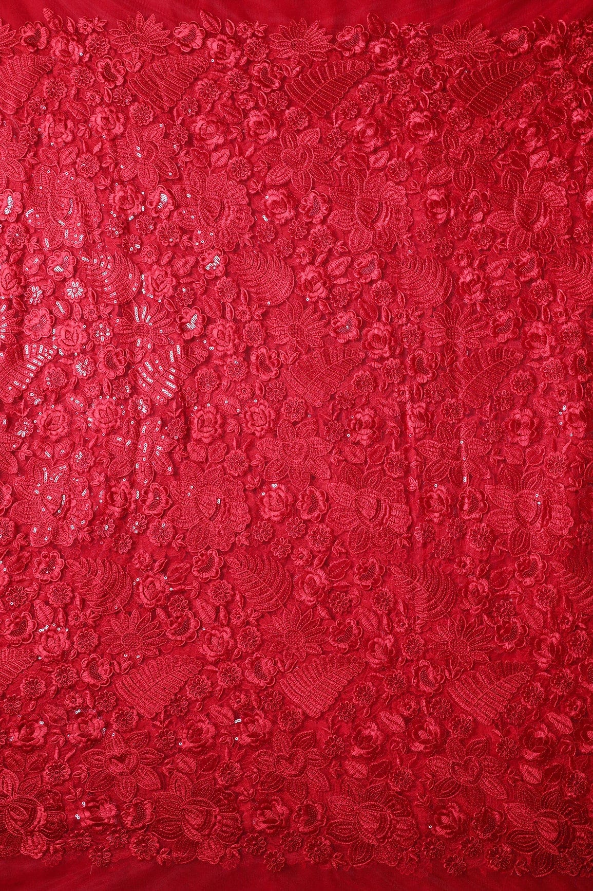 Red Thread With Sequins Heavy Floral Embroidery On Red Soft Net Fabric - doeraa