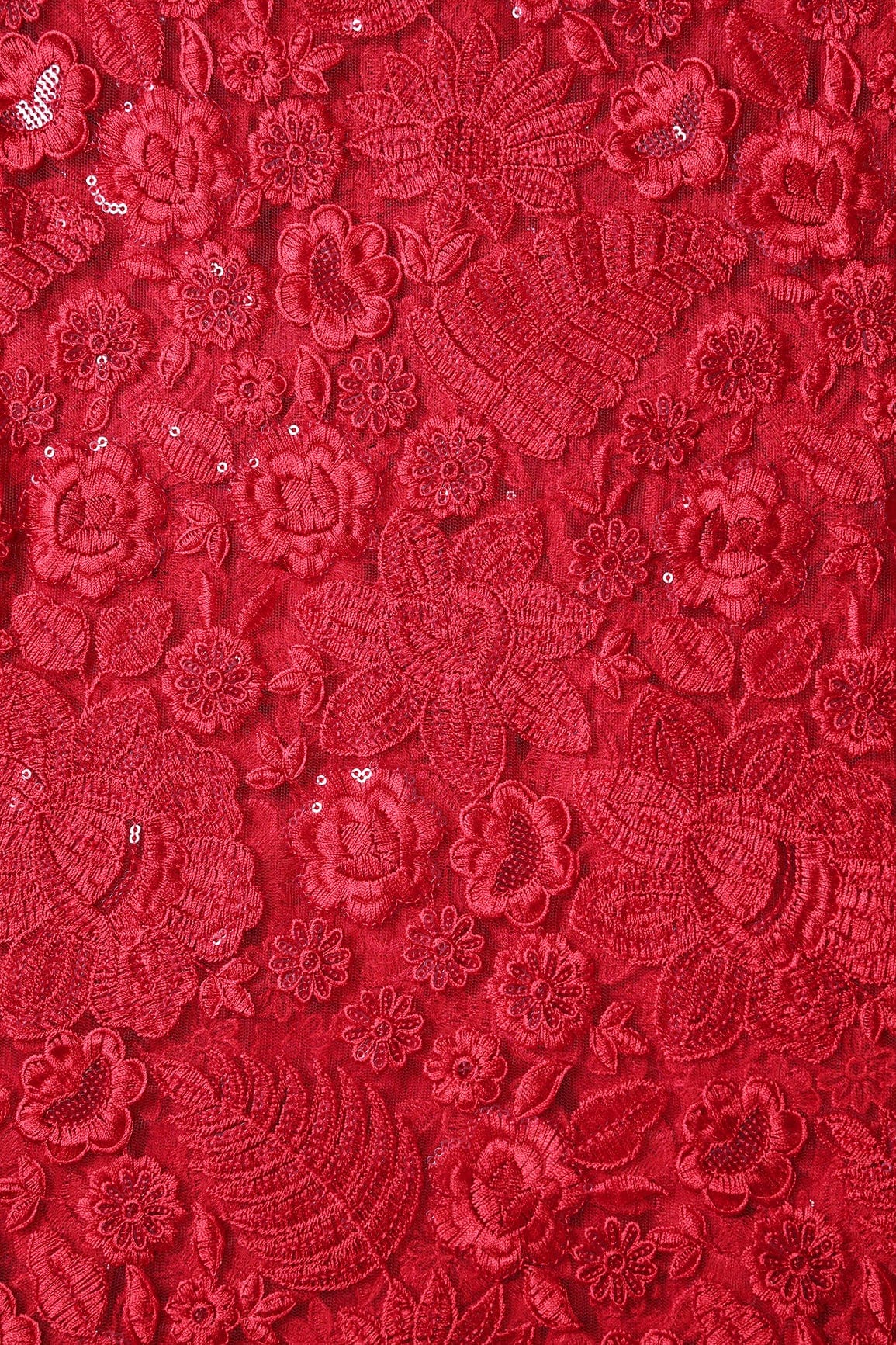 Red Thread With Sequins Heavy Floral Embroidery On Red Soft Net Fabric - doeraa