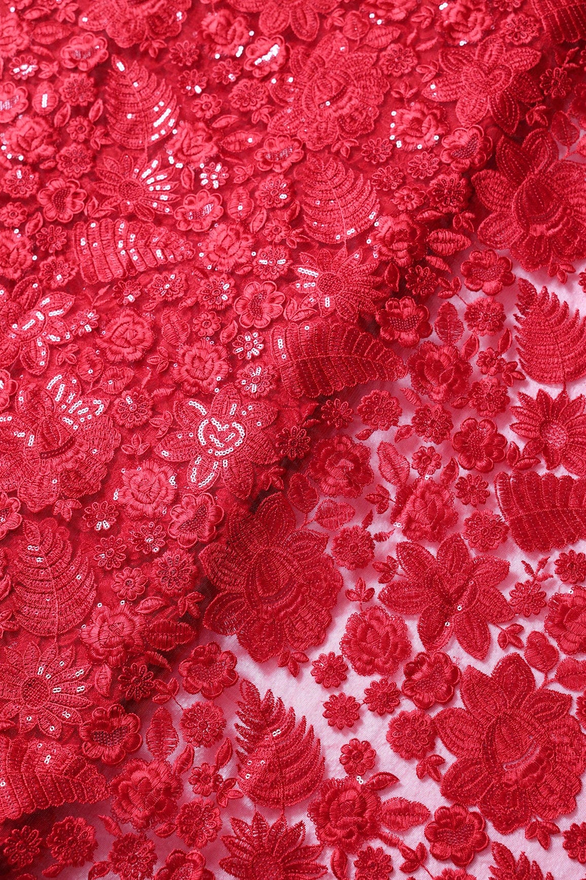 Red Thread With Sequins Heavy Floral Embroidery On Red Soft Net Fabric - doeraa