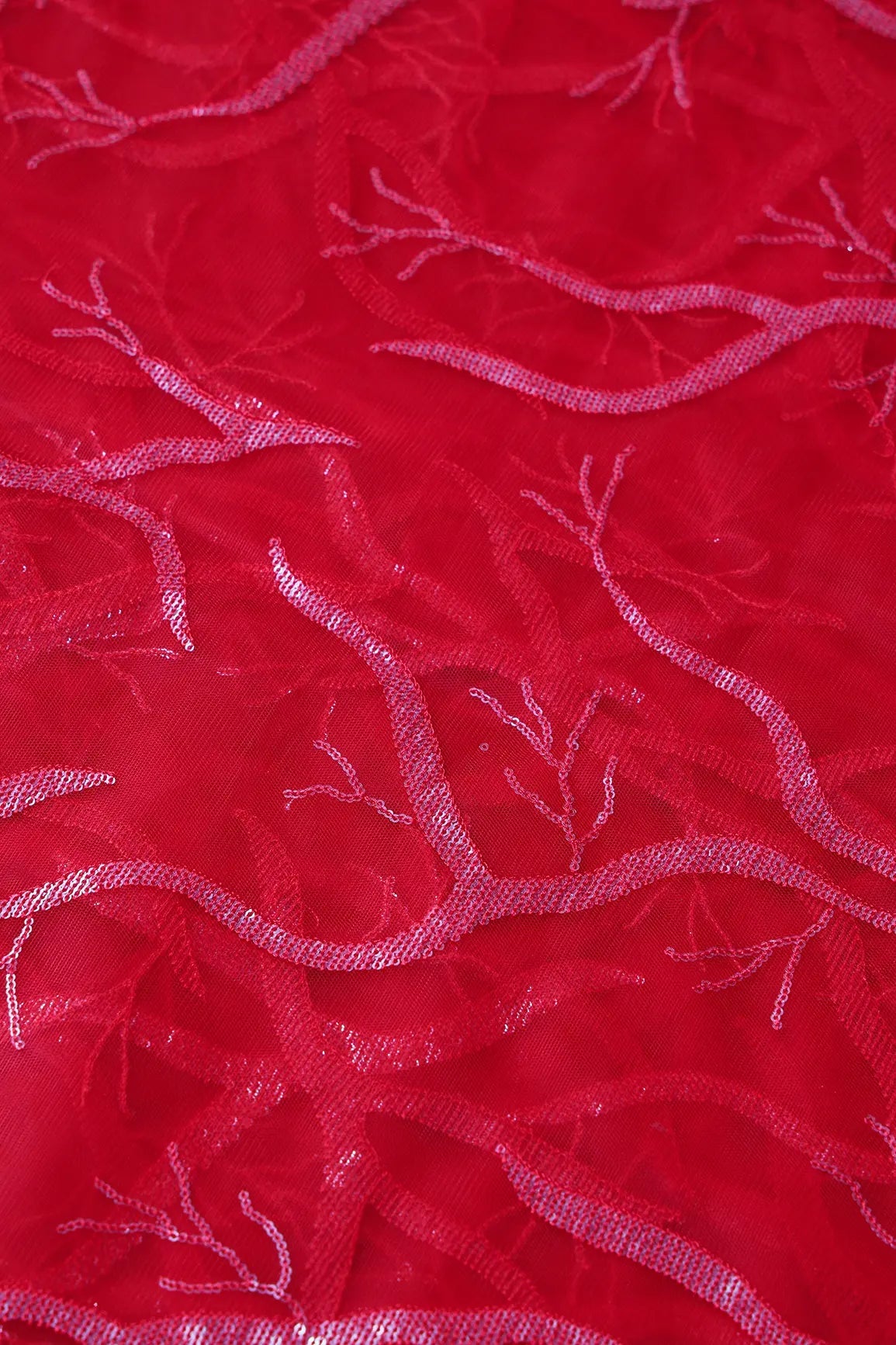 Red Thread With Water Sequins Abstract Embroidery Work On Red Soft Net Fabric - doeraa