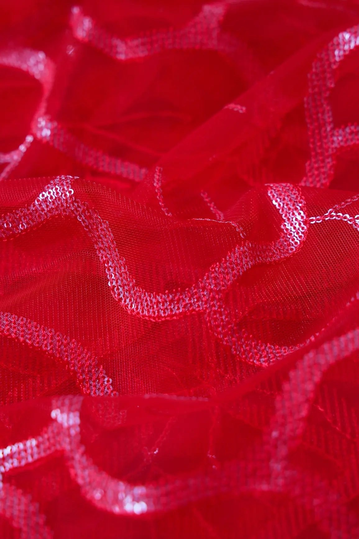 Red Thread With Water Sequins Abstract Embroidery Work On Red Soft Net Fabric - doeraa