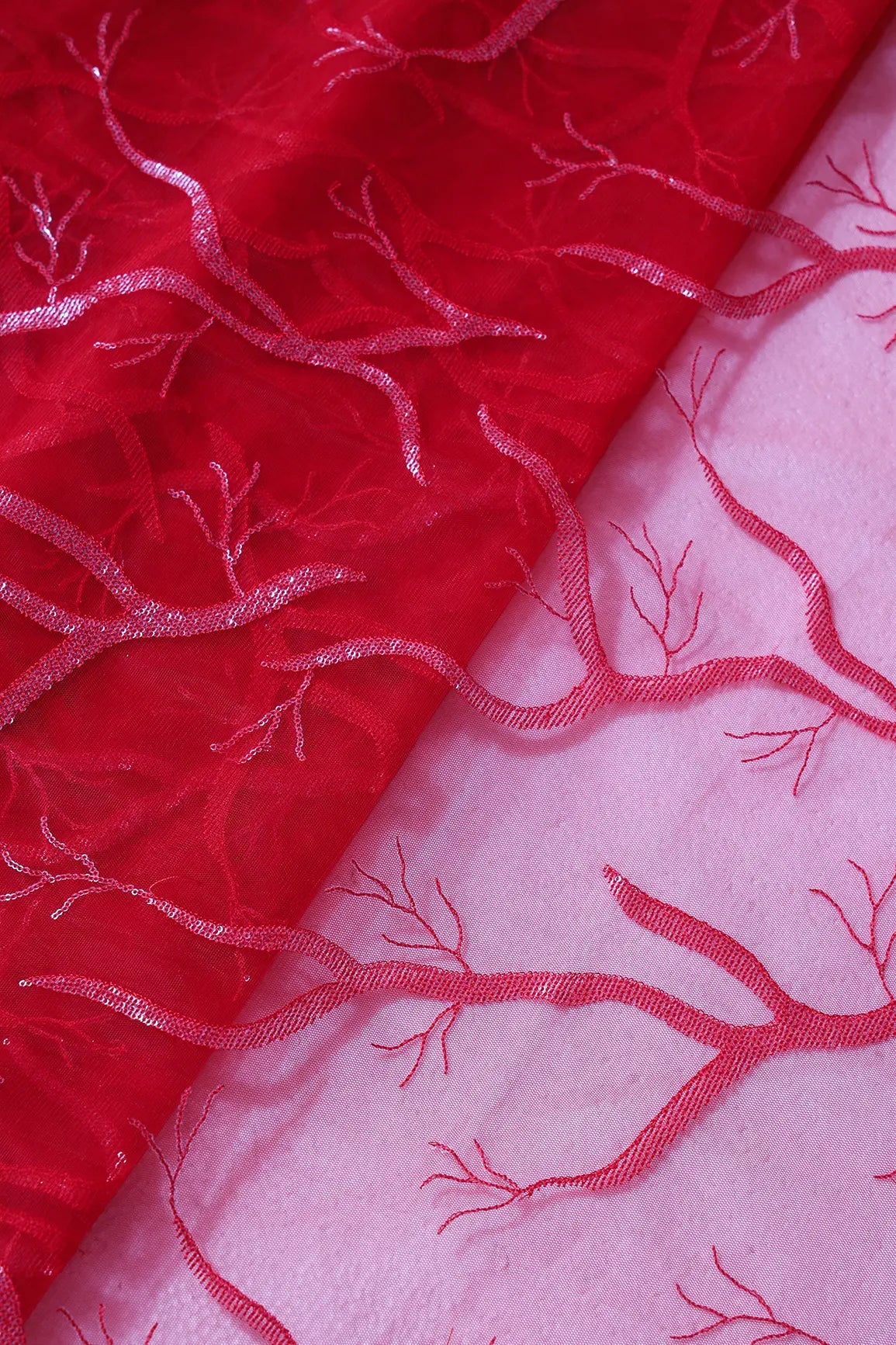 Red Thread With Water Sequins Abstract Embroidery Work On Red Soft Net Fabric - doeraa