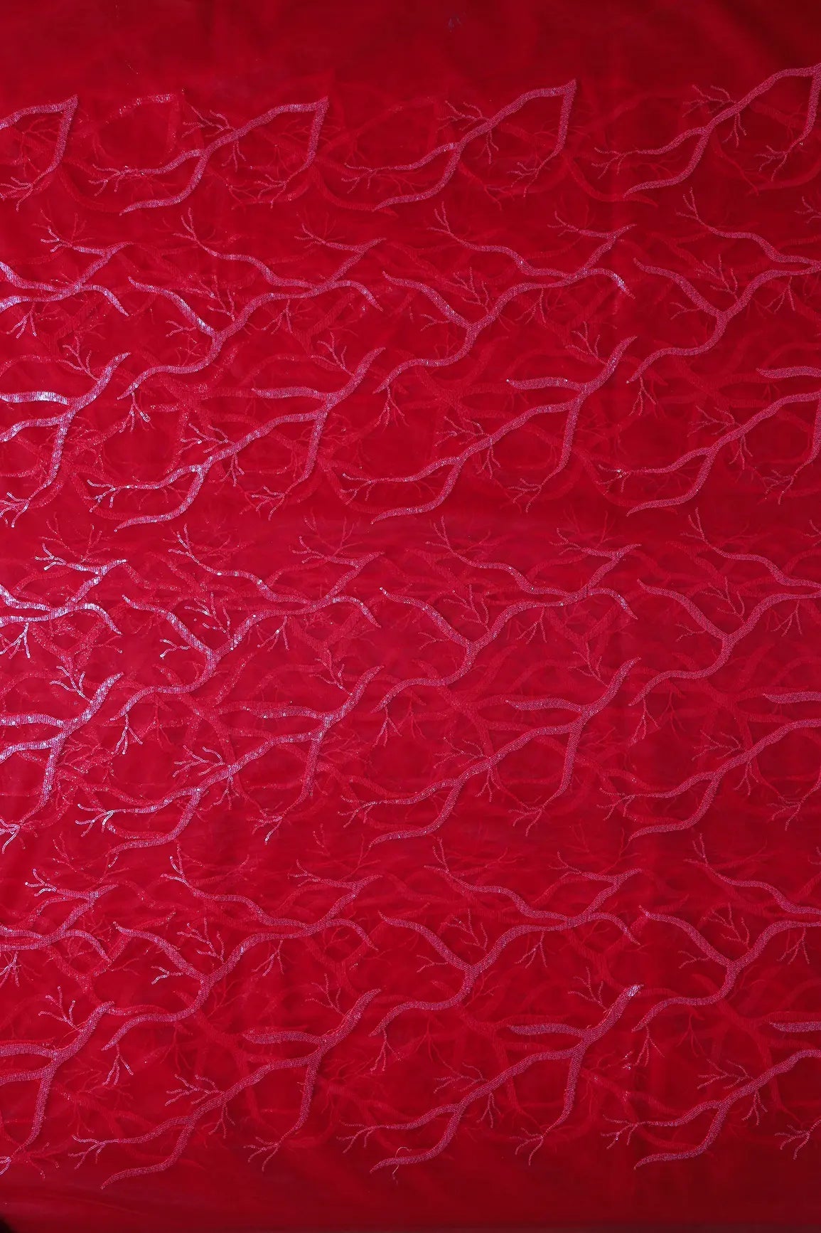 Red Thread With Water Sequins Abstract Embroidery Work On Red Soft Net Fabric - doeraa
