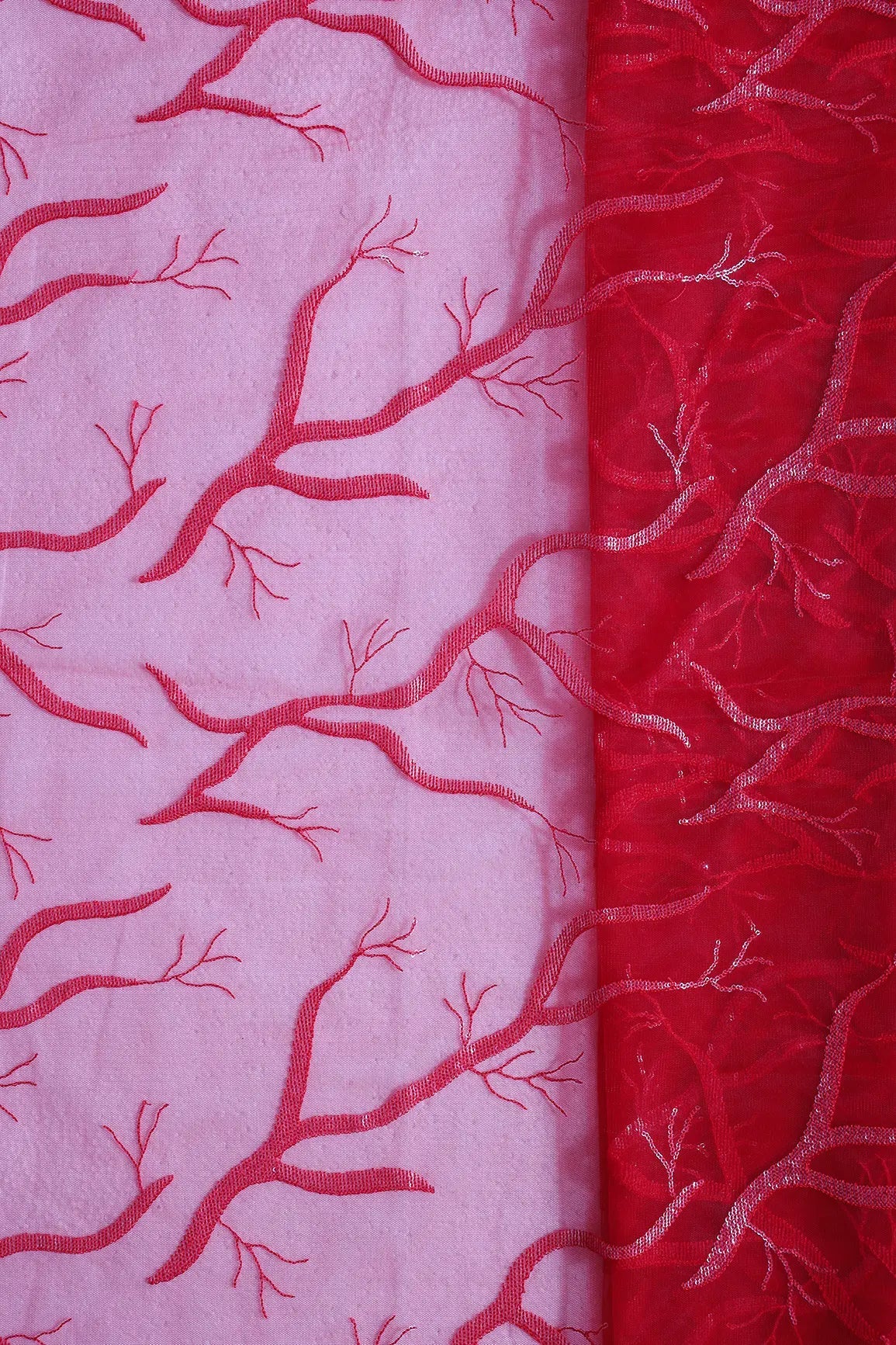 Red Thread With Water Sequins Abstract Embroidery Work On Red Soft Net Fabric - doeraa