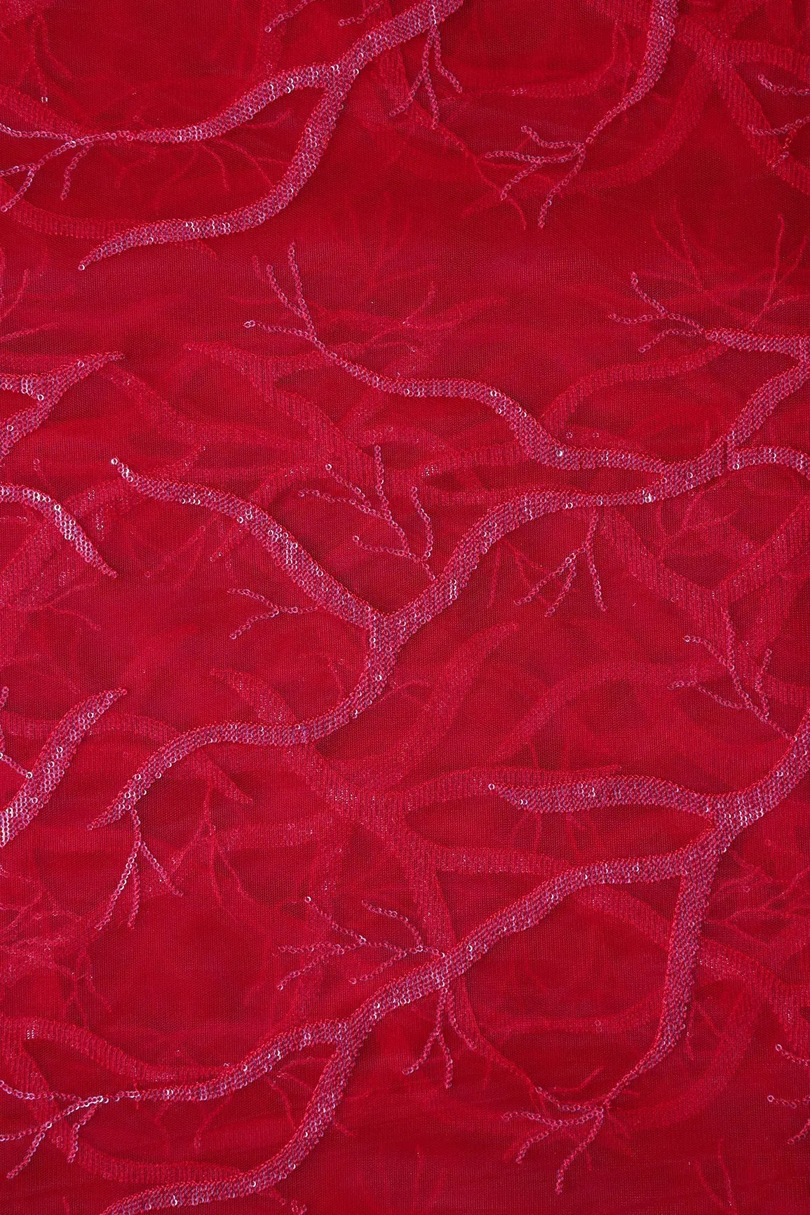 Red Thread With Water Sequins Abstract Embroidery Work On Red Soft Net Fabric - doeraa