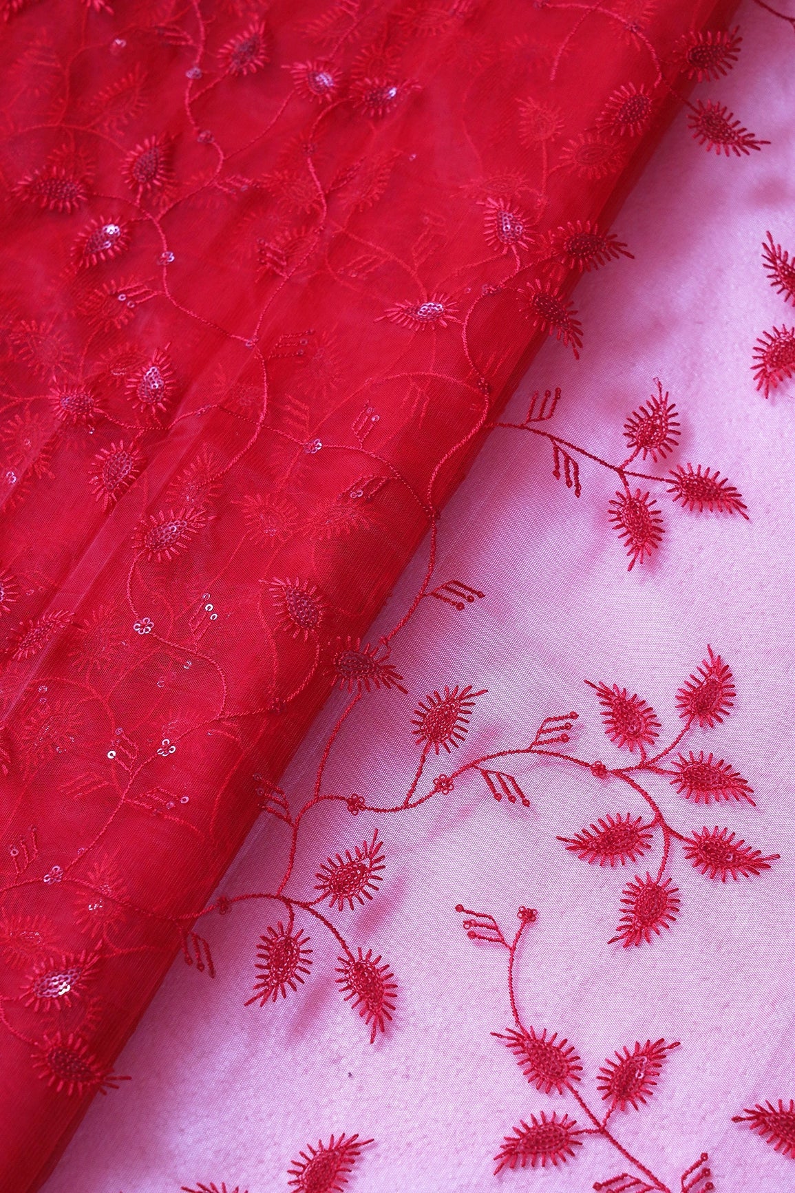 Red Thread With Water Sequins Beautiful Leafy Embroidery On Red Soft Net Fabric - doeraa