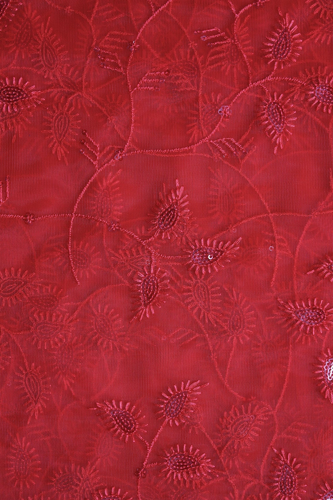 Red Thread With Water Sequins Beautiful Leafy Embroidery On Red Soft Net Fabric - doeraa
