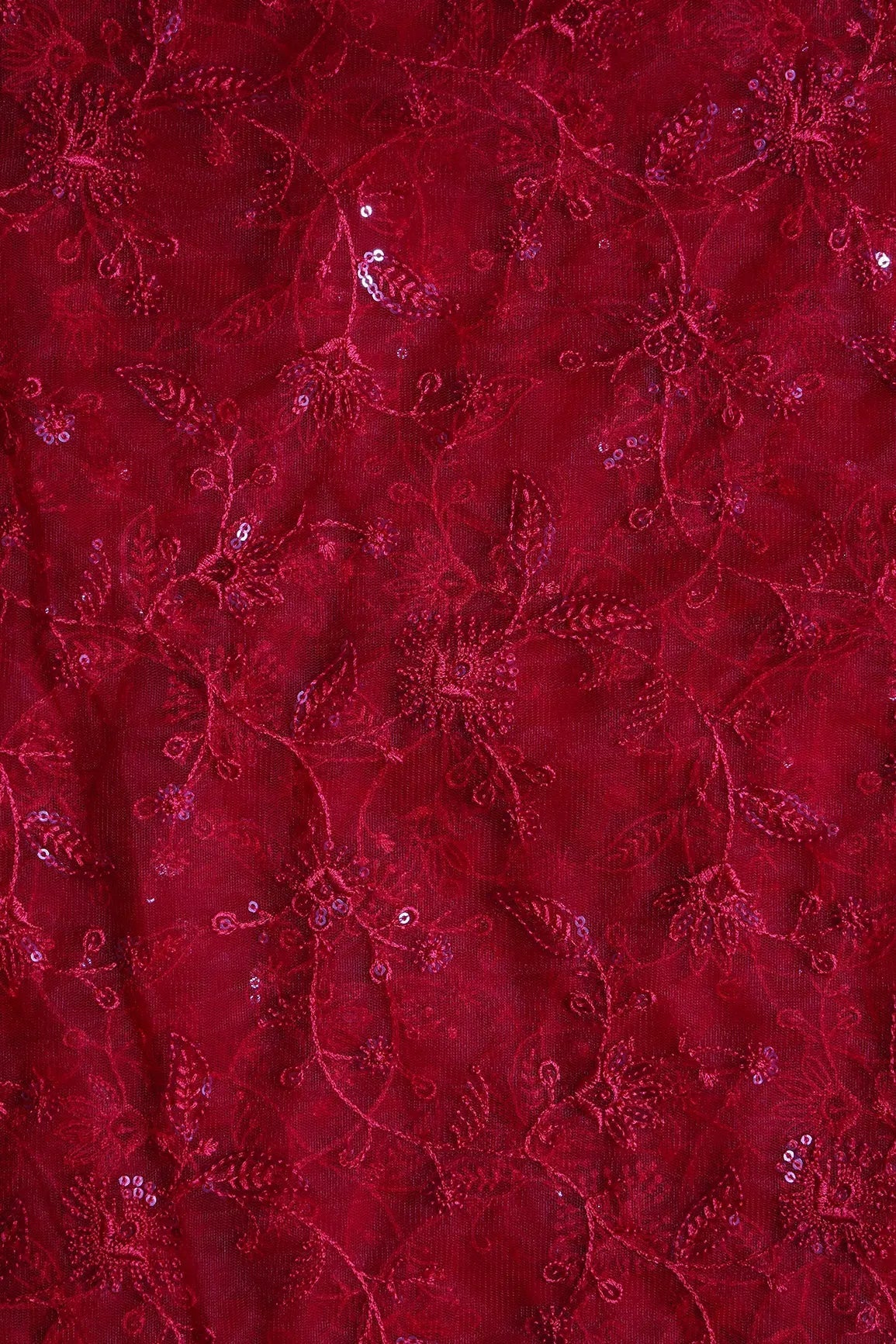 Red Thread With Water Sequins Floral Embroidery On Red Soft Net Fabric - doeraa