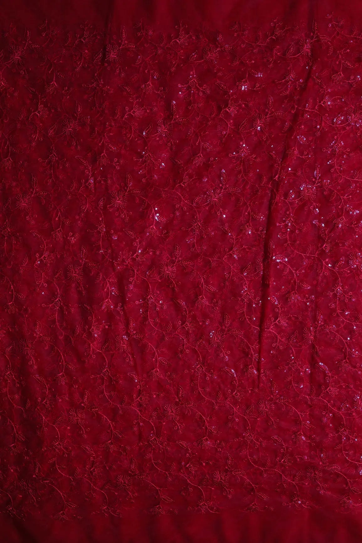 Red Thread With Water Sequins Floral Embroidery On Red Soft Net Fabric - doeraa