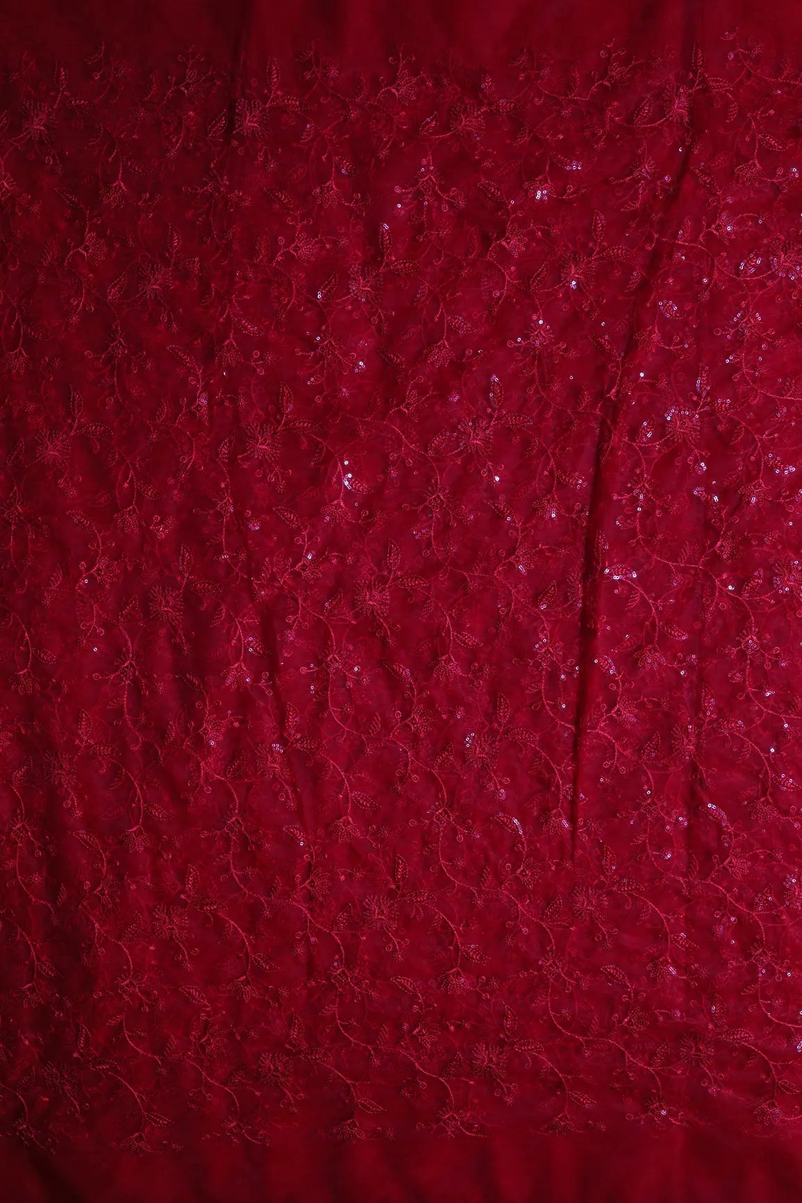 Red Thread With Water Sequins Floral Embroidery On Red Soft Net Fabric - doeraa