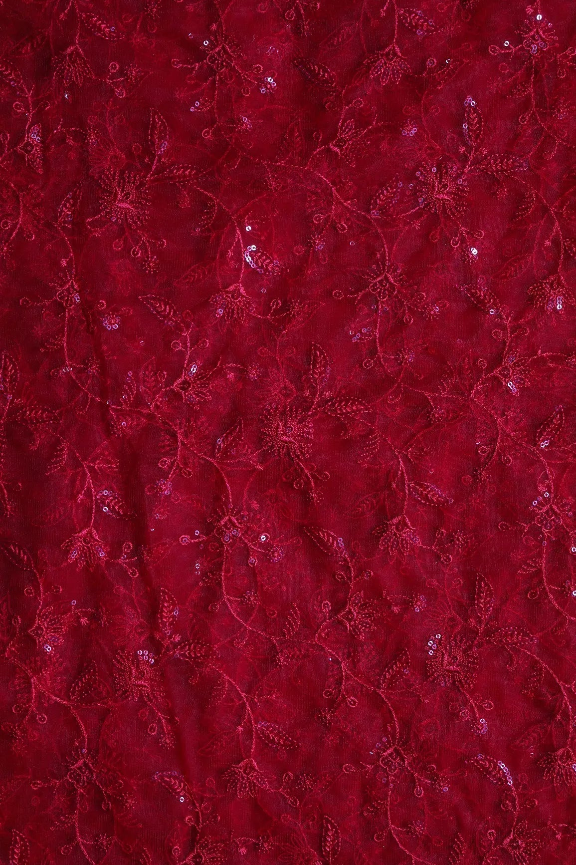 Red Thread With Water Sequins Floral Embroidery On Red Soft Net Fabric - doeraa