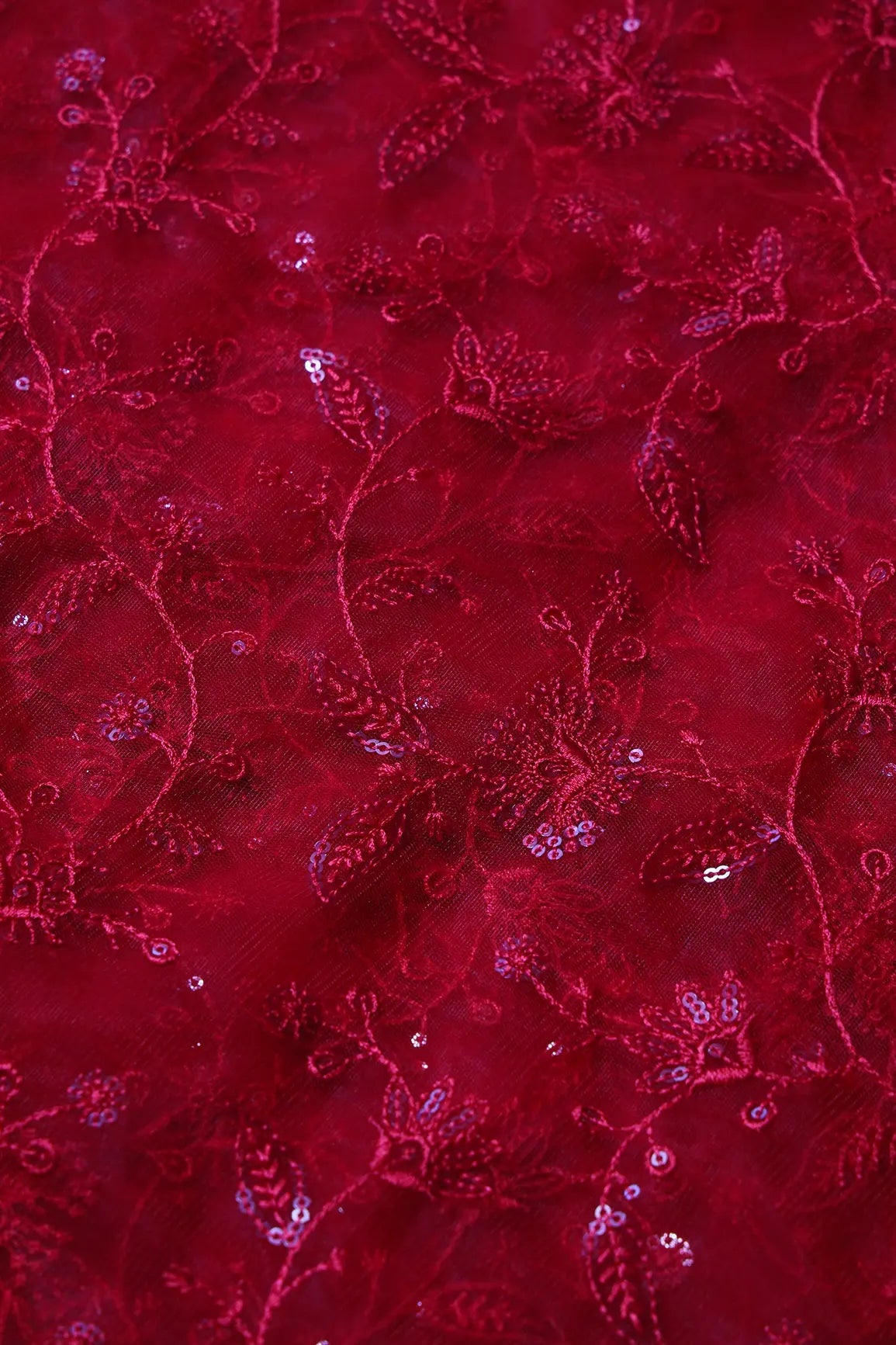 Red Thread With Water Sequins Floral Embroidery On Red Soft Net Fabric - doeraa