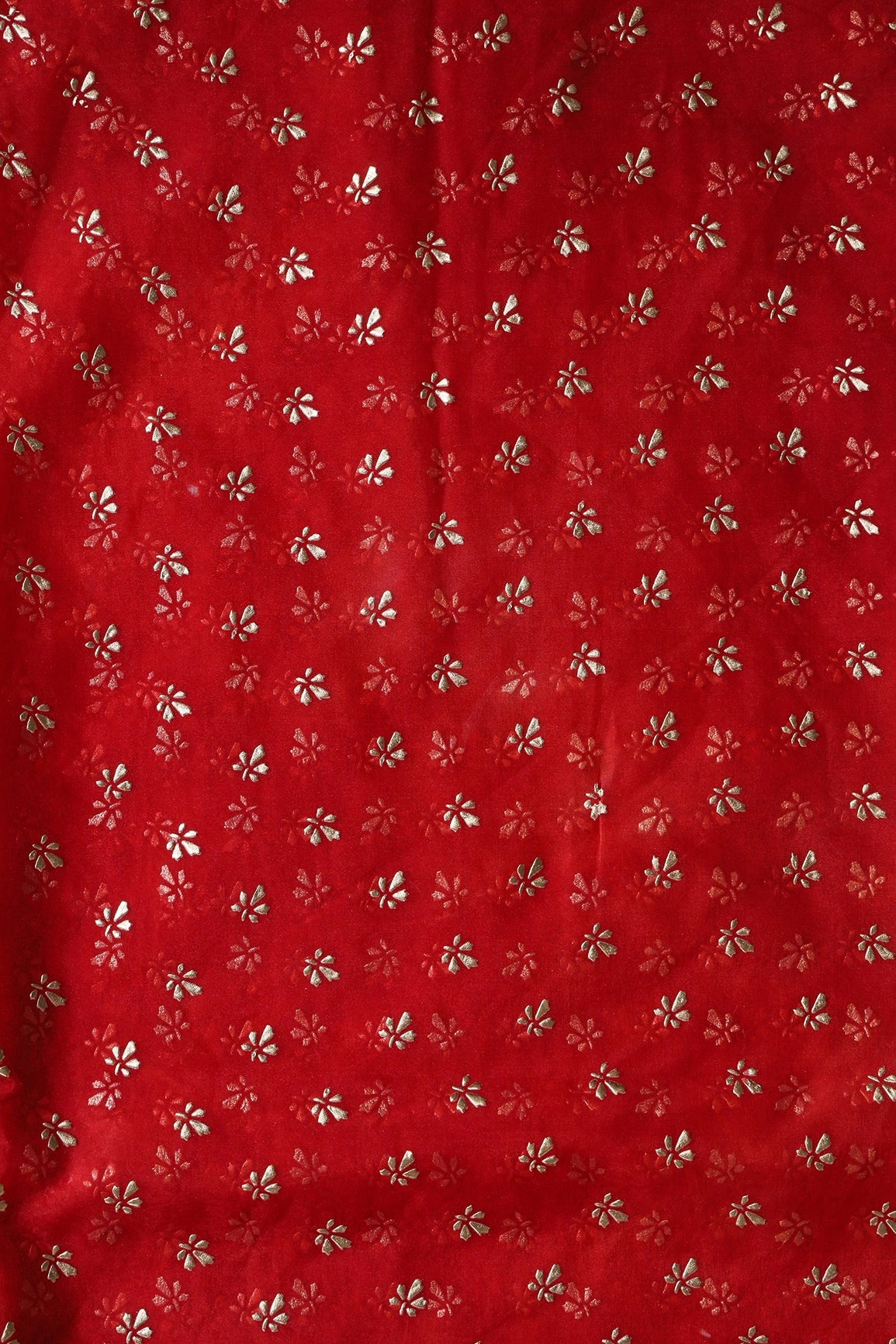 Red Tie & Dye Shibori Small Floral Motif Foil Print On Organza Fabric - doeraa
