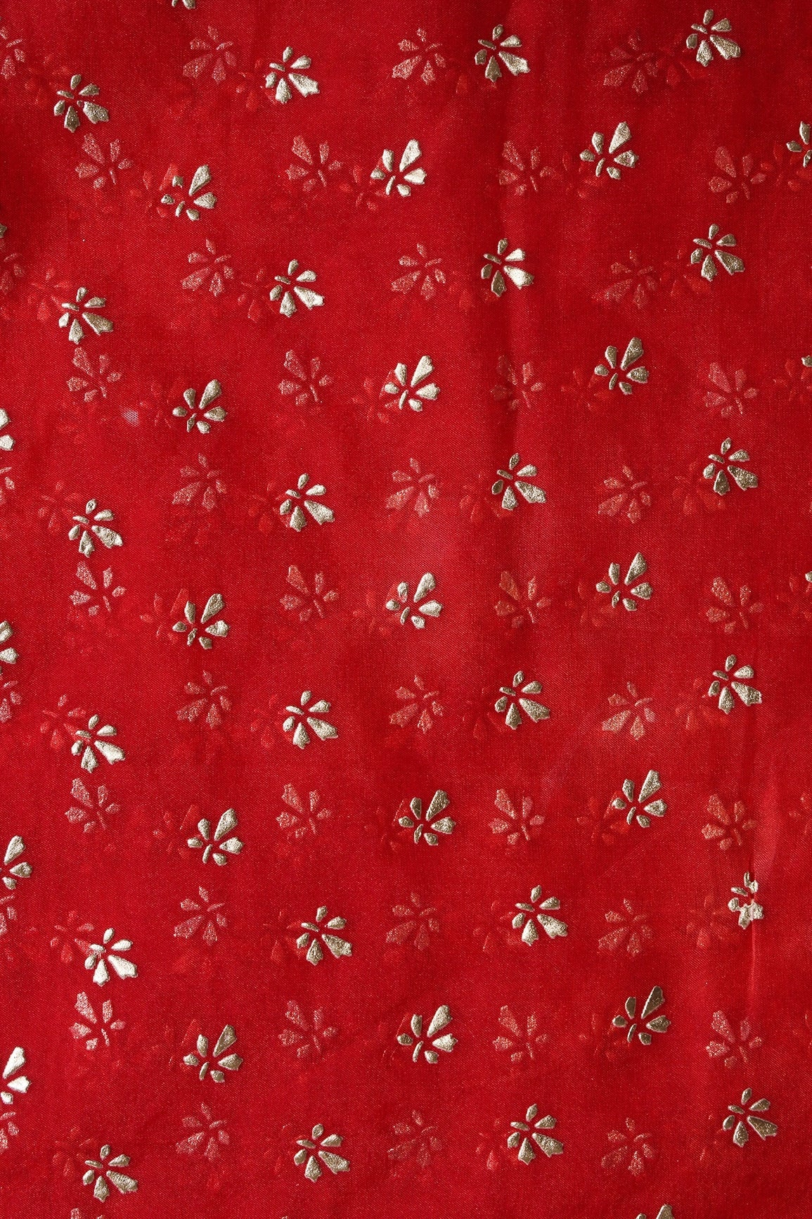 Red Tie & Dye Shibori Small Floral Motif Foil Print On Organza Fabric - doeraa