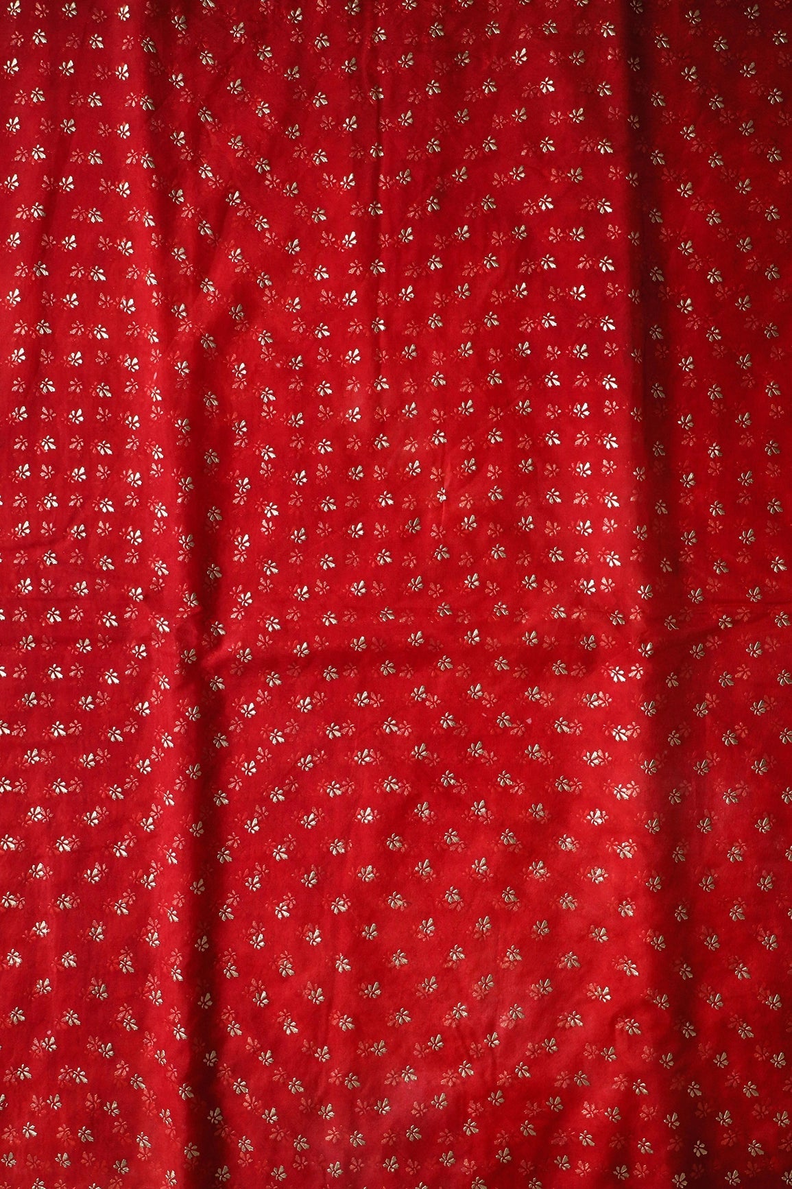 Red Tie & Dye Shibori Small Floral Motif Foil Print On Organza Fabric - doeraa