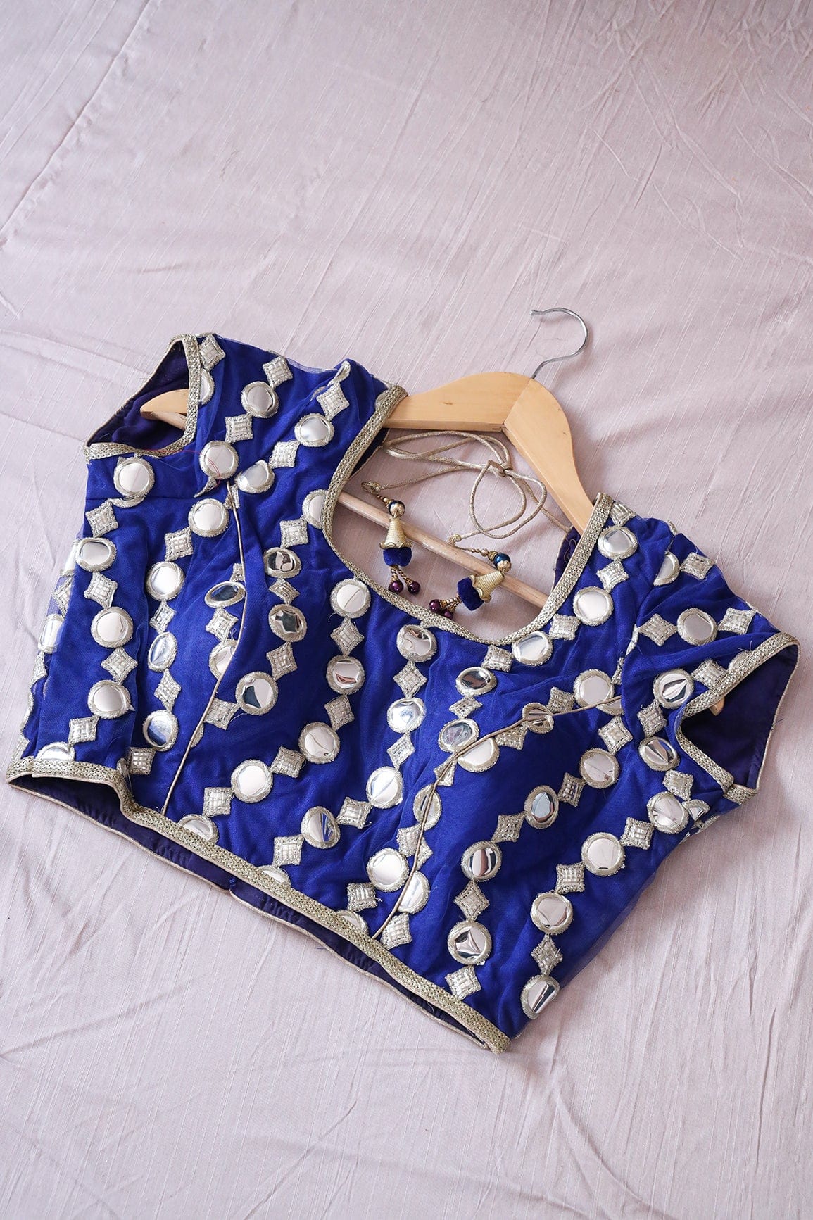 Royal Blue Foux Mirror With Silver Zari Embroidery Net Stitched Blouse - doeraa