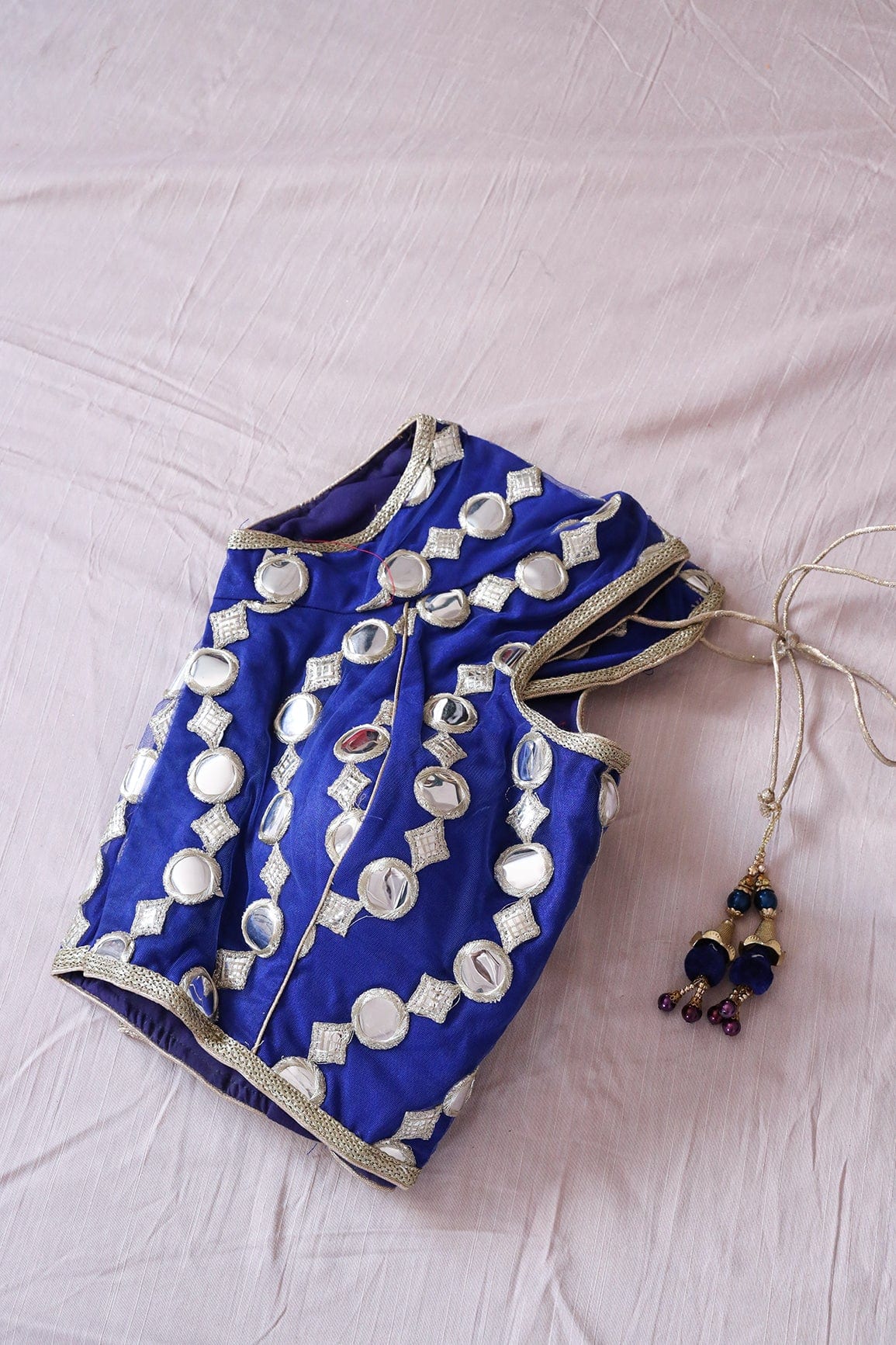 Royal Blue Foux Mirror With Silver Zari Embroidery Net Stitched Blouse - doeraa
