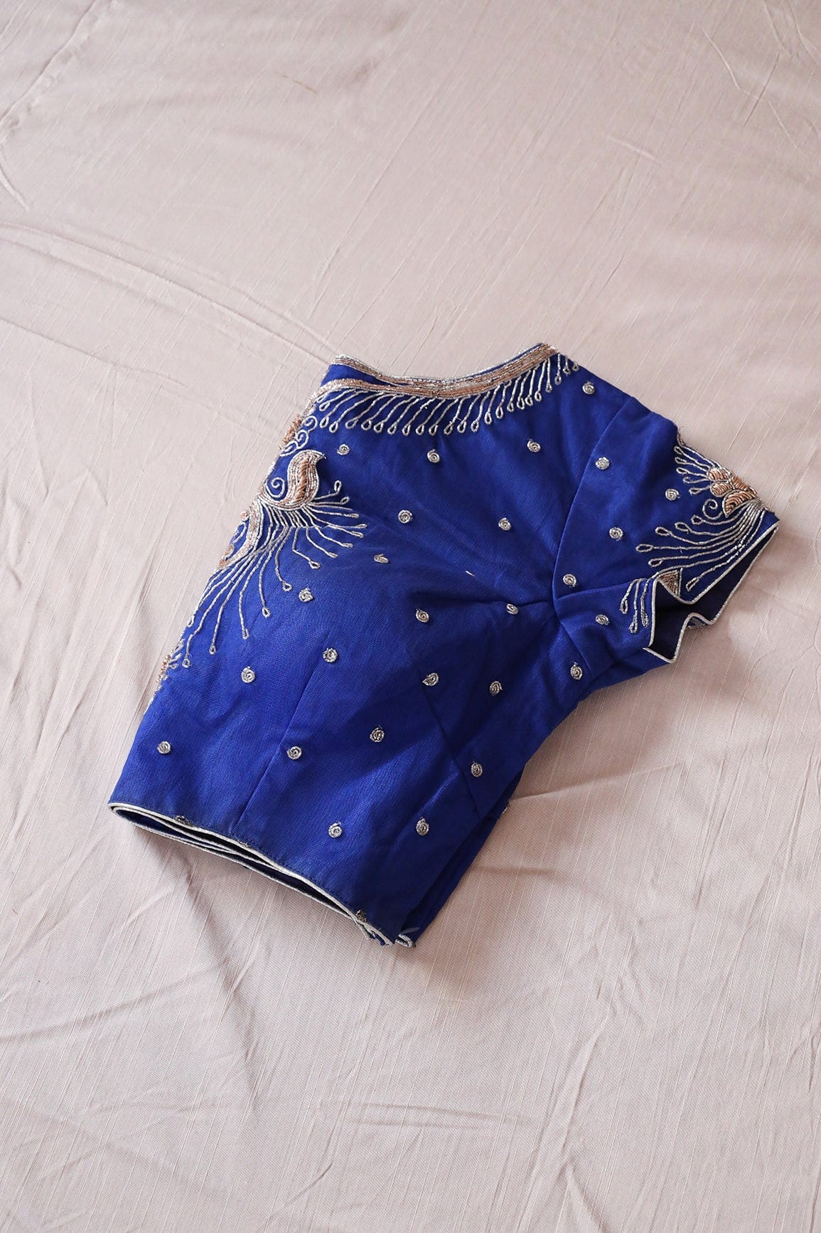 Royal Blue Hand Work Embroidery Net Stitched Blouse - doeraa