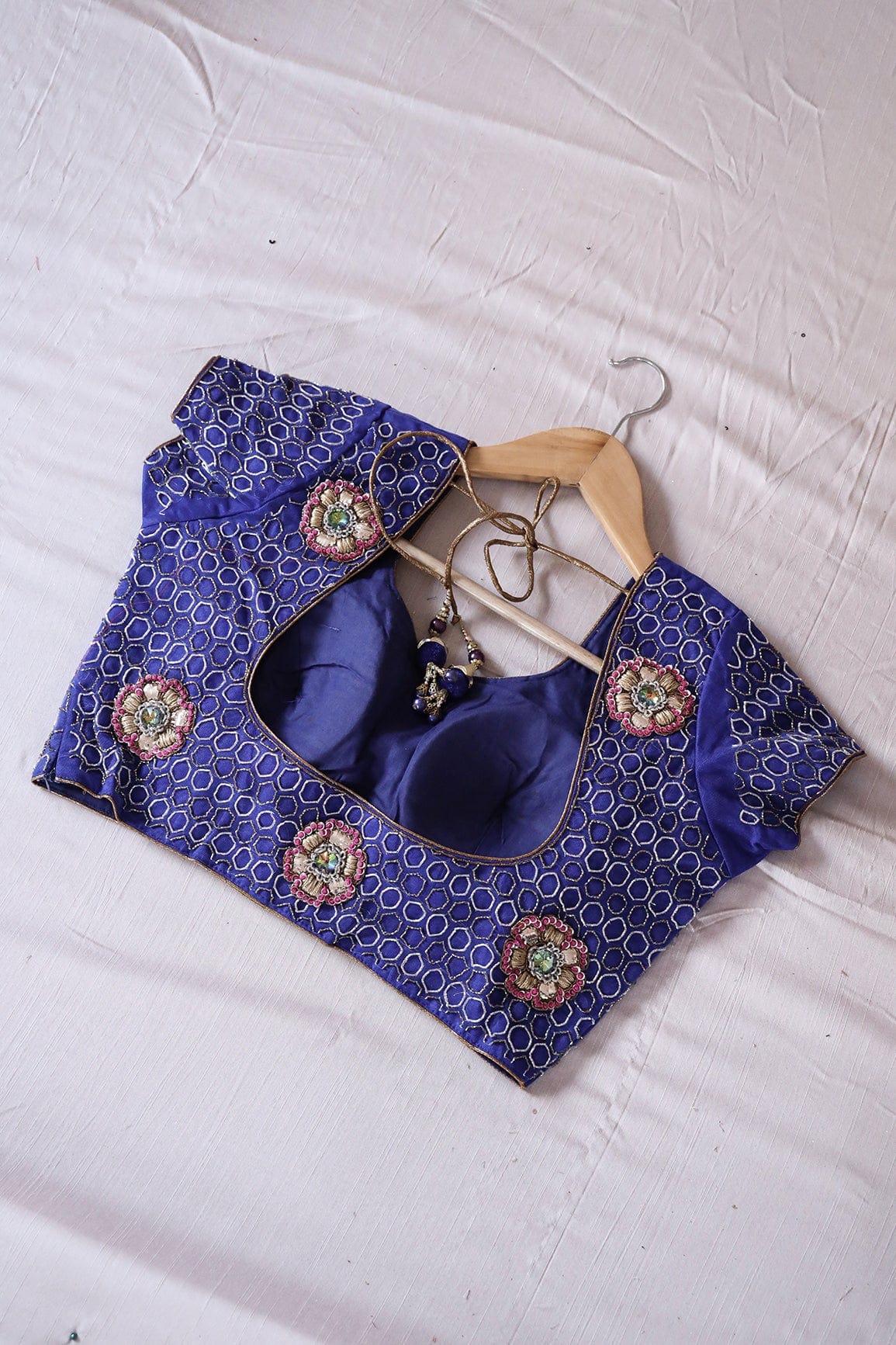 Royal Blue Hand Work Embroidery Net Stitched Blouse - doeraa