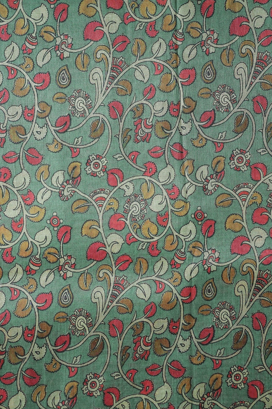 Russian Olive And Red Leafy Pattern Digital Print On Mulberry Silk Fabric - doeraa
