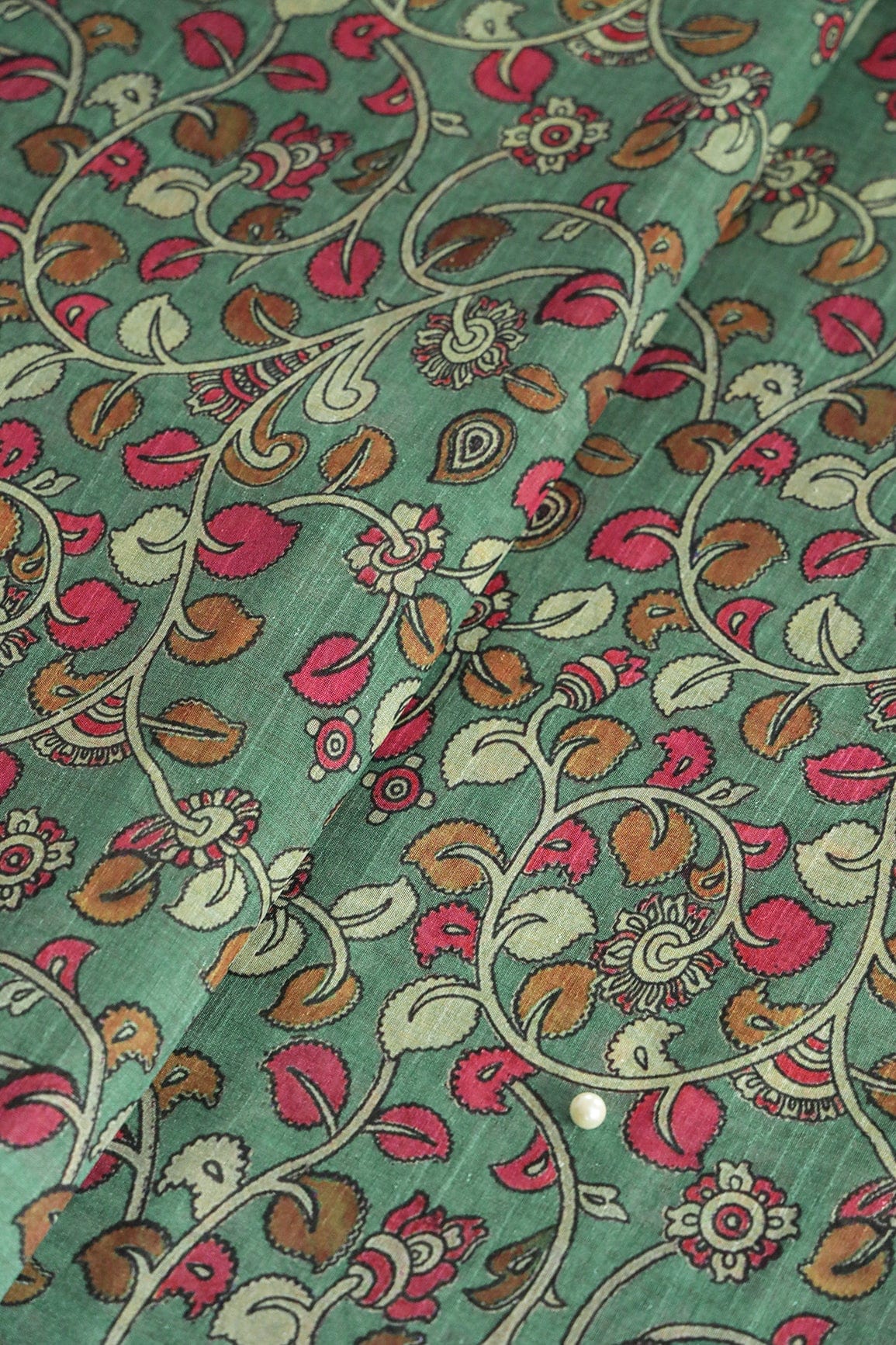 Russian Olive And Red Leafy Pattern Digital Print On Mulberry Silk Fabric - doeraa