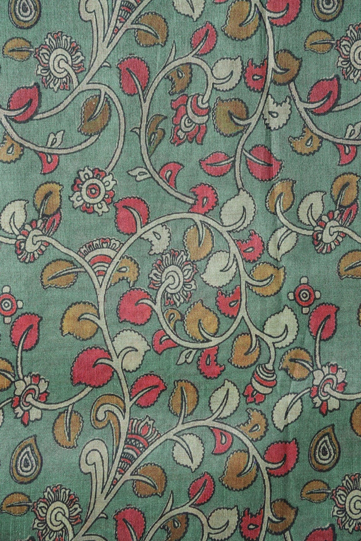 Russian Olive And Red Leafy Pattern Digital Print On Mulberry Silk Fabric - doeraa