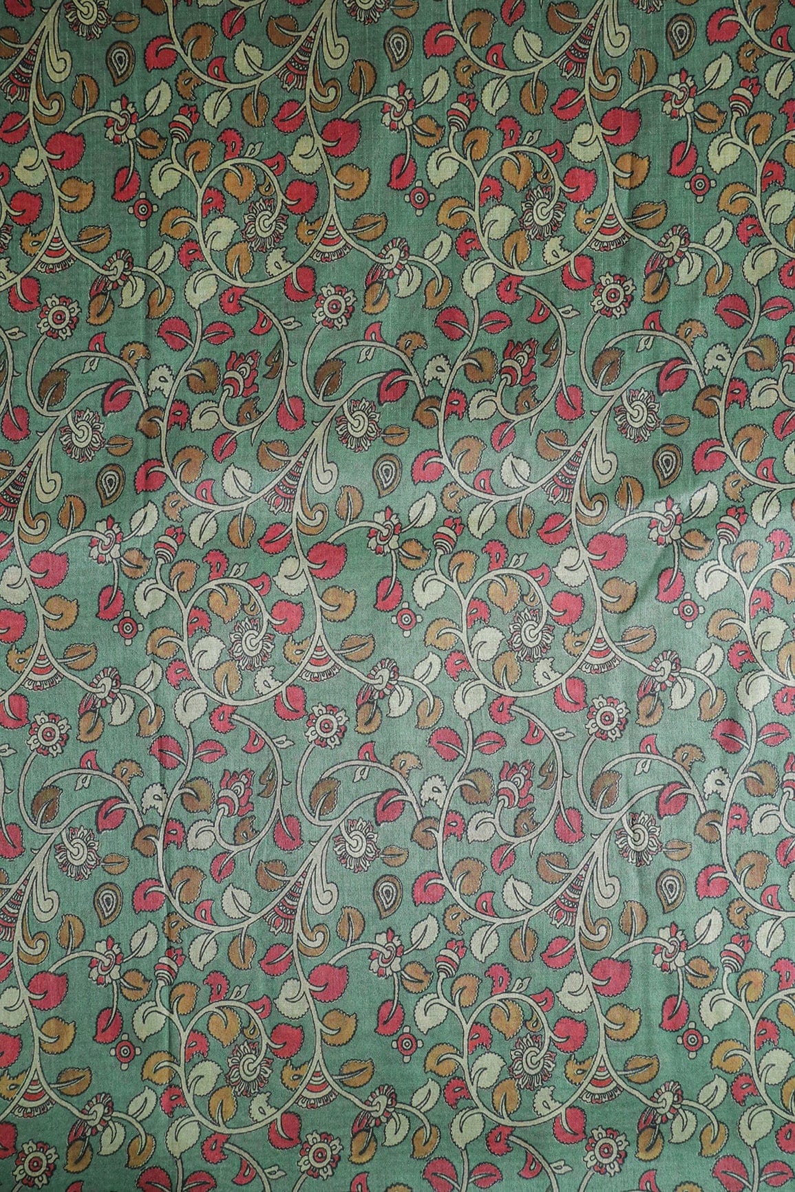 Russian Olive And Red Leafy Pattern Digital Print On Mulberry Silk Fabric - doeraa