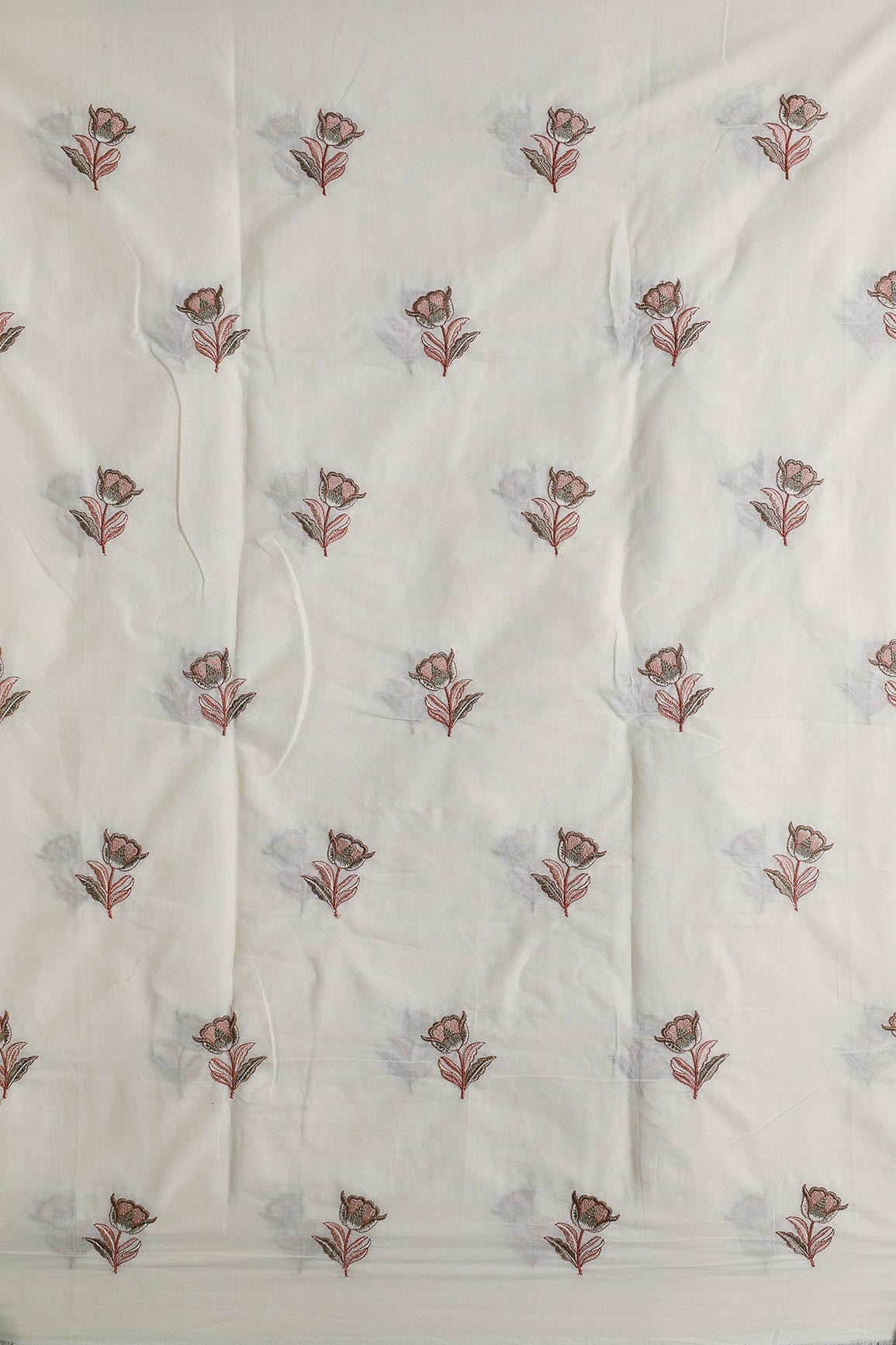 Rust And Olive Thread Beautiful Floral Embroidery Work On Off White Organic Cotton Fabric - doeraa