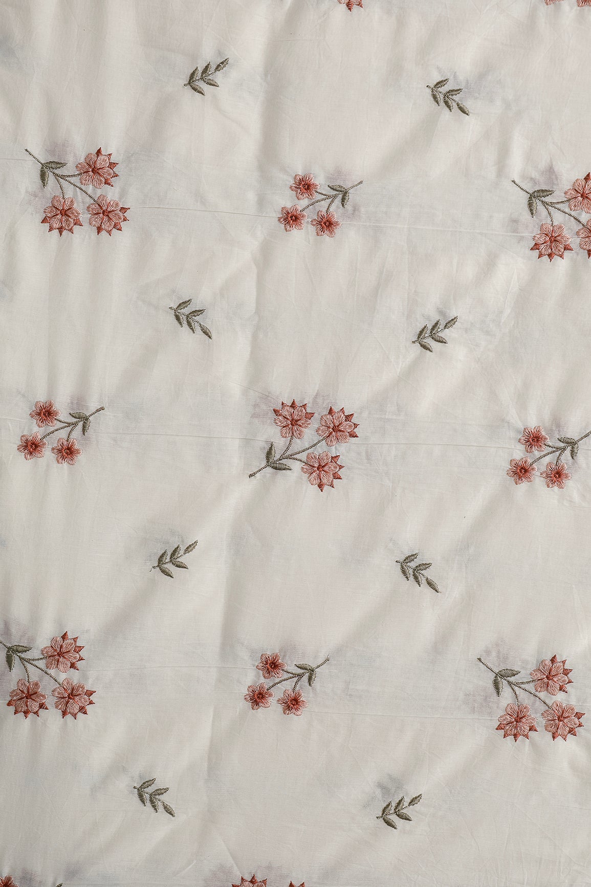 Rust And Peach Thread Beautiful Floral Embroidery Work On Off White Organic Cotton Fabric - doeraa