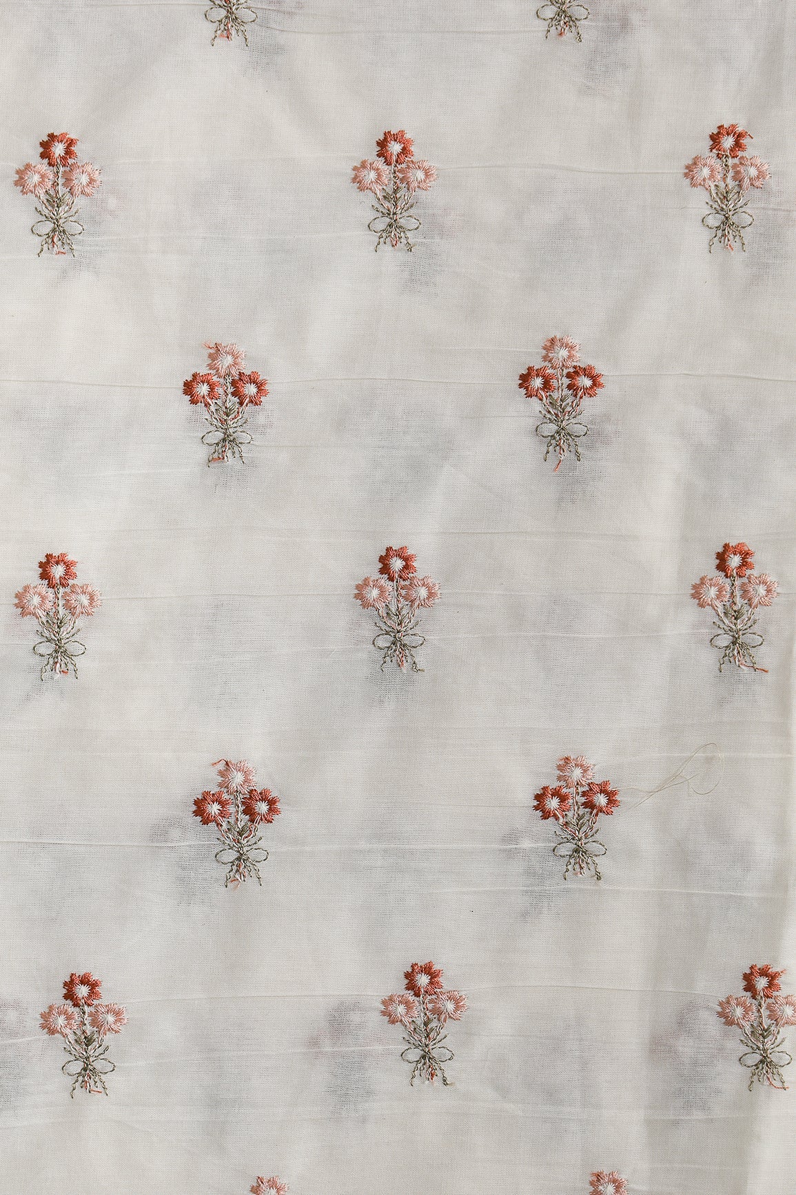 Rust And Peach Thread Small Floral Embroidery Work On Off White Organic Cotton Fabric - doeraa