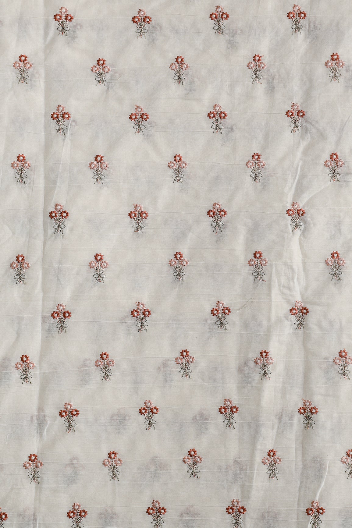 Rust And Peach Thread Small Floral Embroidery Work On Off White Organic Cotton Fabric - doeraa