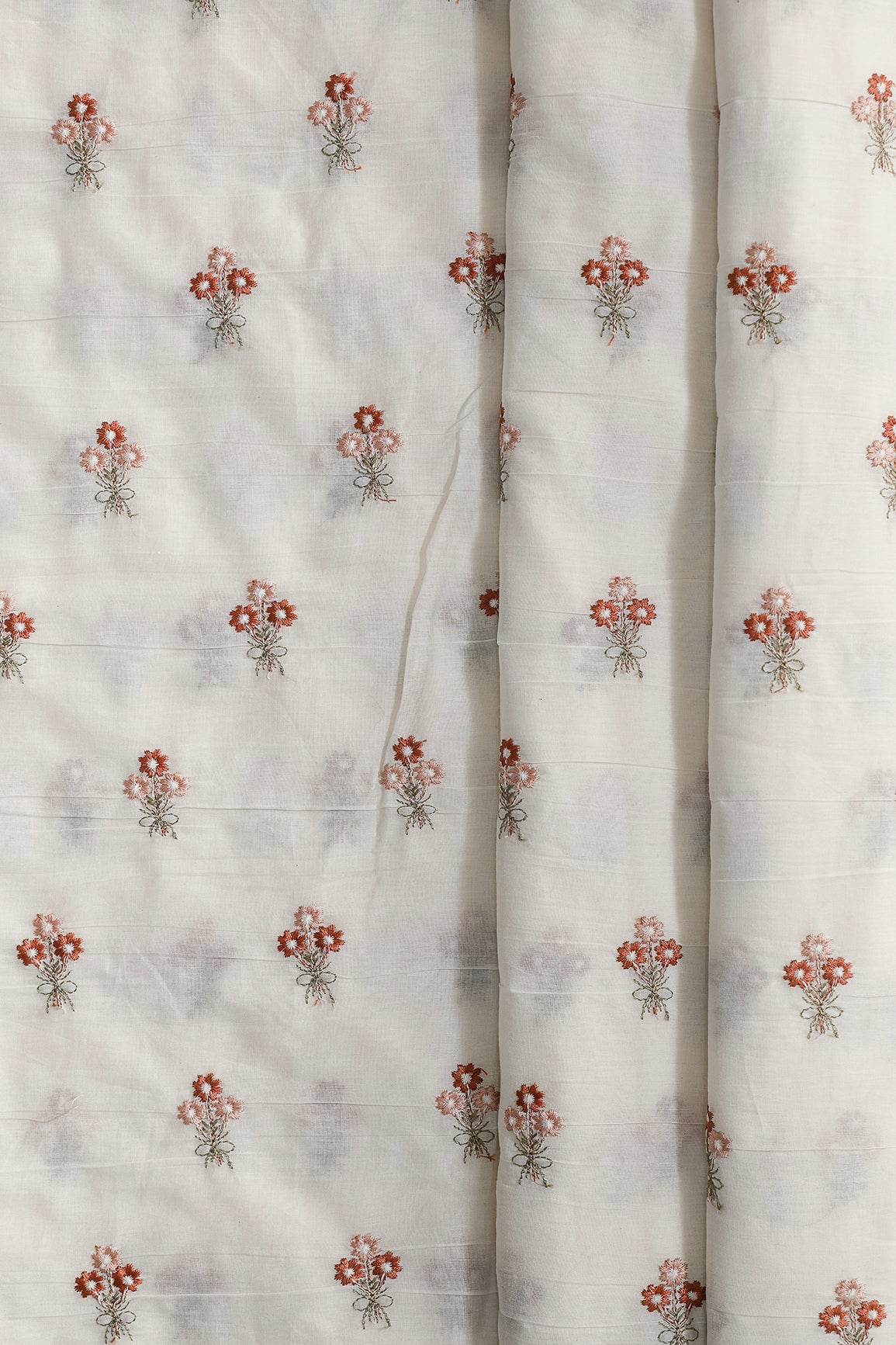 Rust And Peach Thread Small Floral Embroidery Work On Off White Organic Cotton Fabric - doeraa