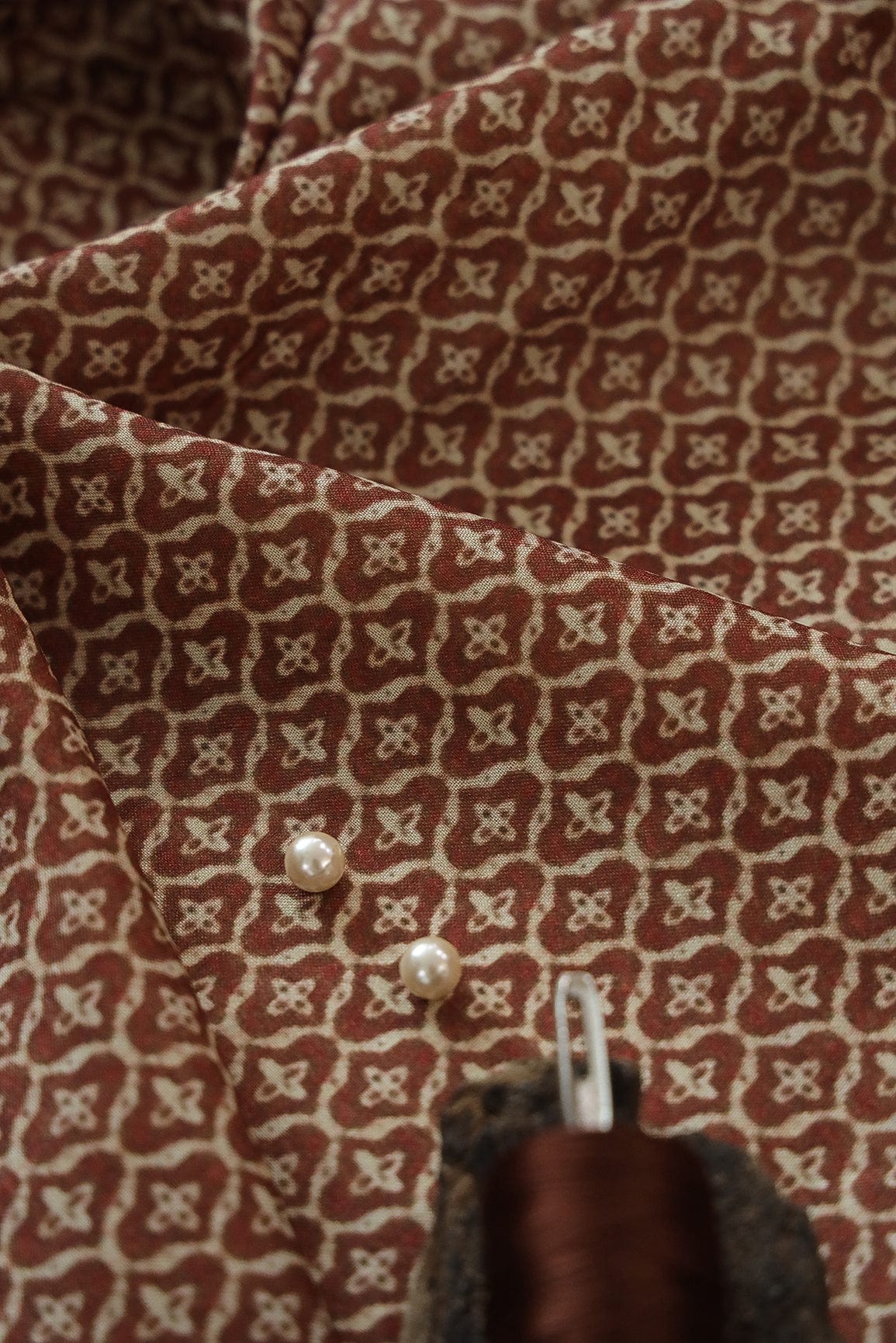 Rust Geometric Digital Print Design on Tussar Silk Fabric - doeraa