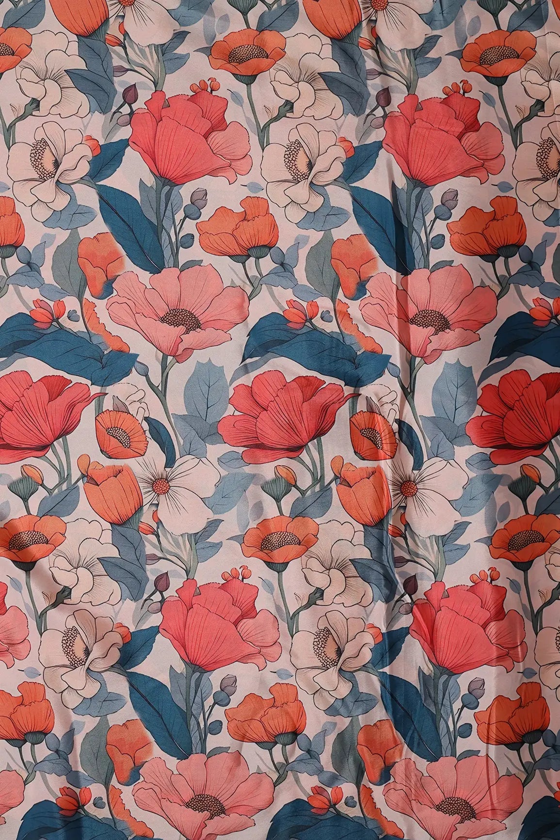 Rust Orange And Blue Floral Pattern Digital Print On French Crepe Fabric - doeraa