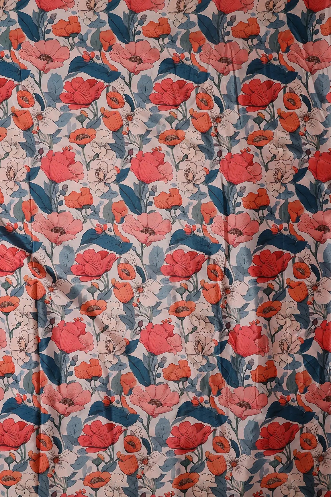 Rust Orange And Blue Floral Pattern Digital Print On French Crepe Fabric - doeraa