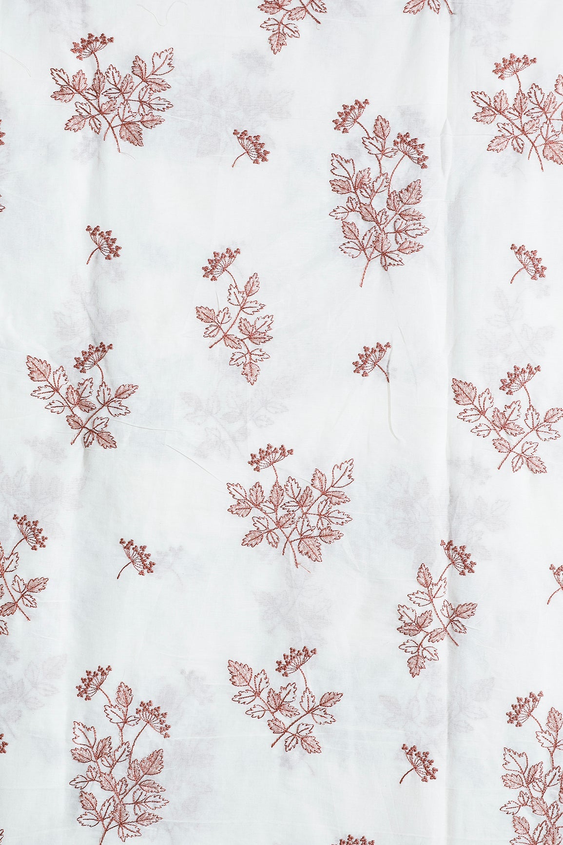 Rust Thread Beautiful Leafy Embroidery Work On Off White Organic Cotton Fabric - doeraa