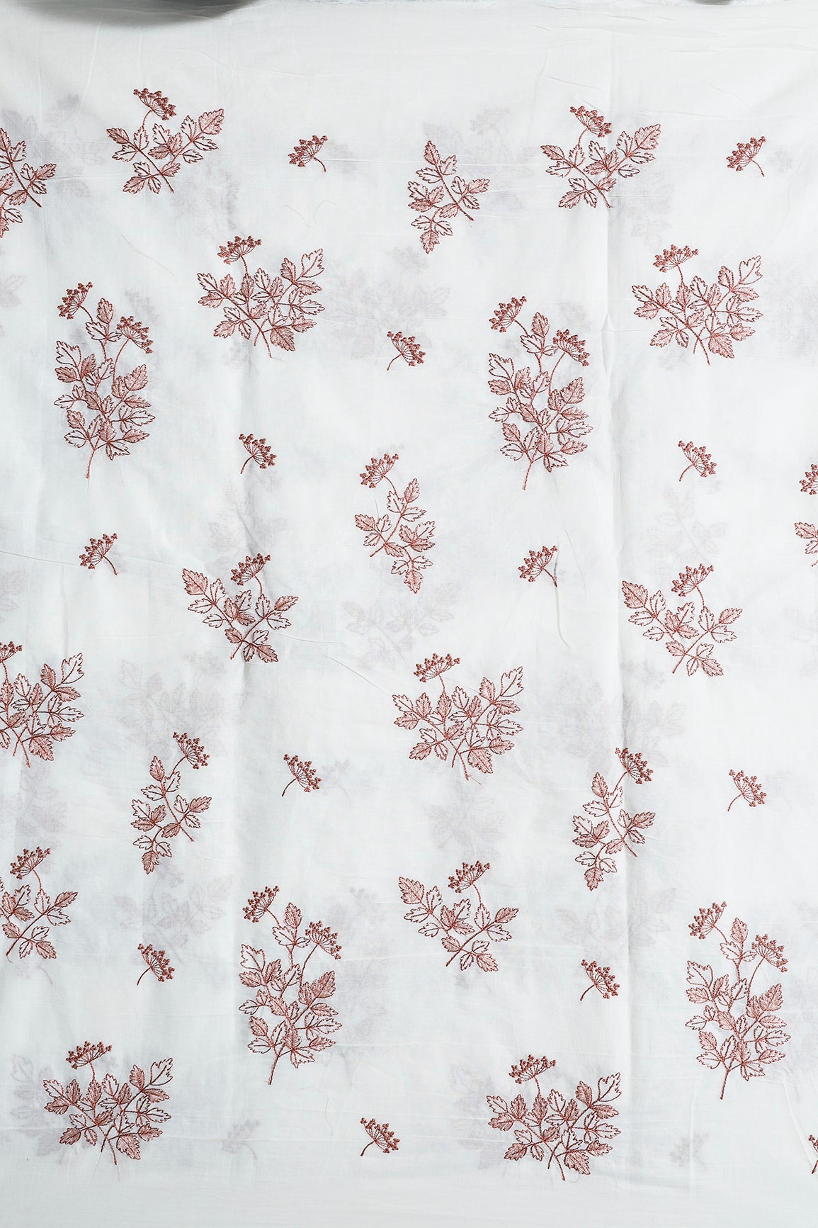 Rust Thread Beautiful Leafy Embroidery Work On Off White Organic Cotton Fabric - doeraa