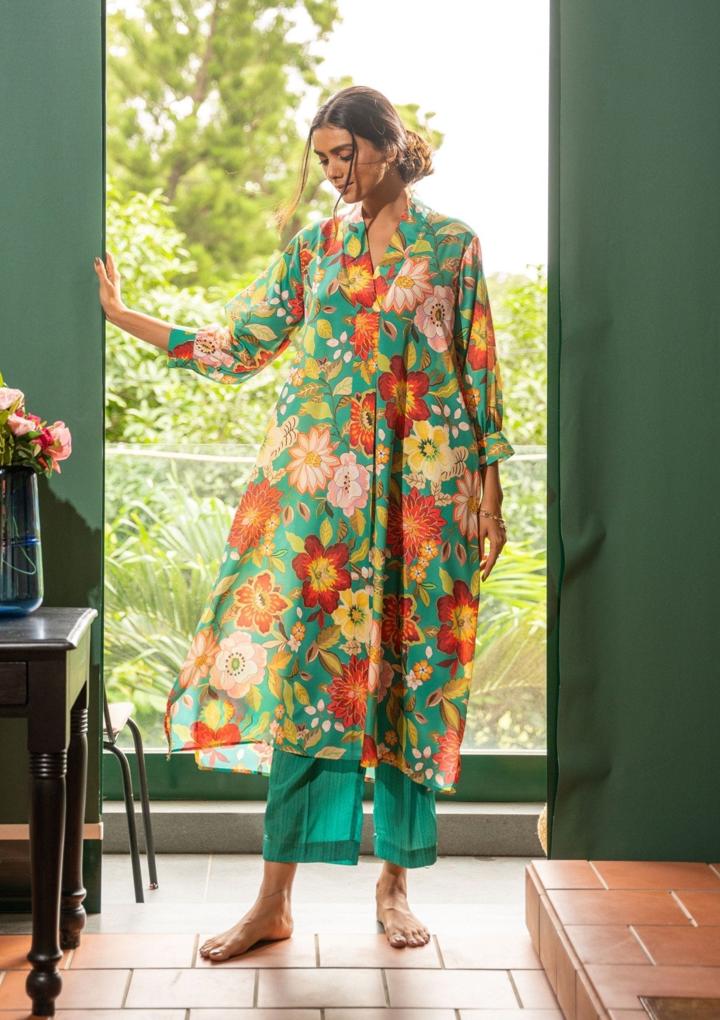 Sage Floral Green Crepe Indian Co - ord Set - doeraa