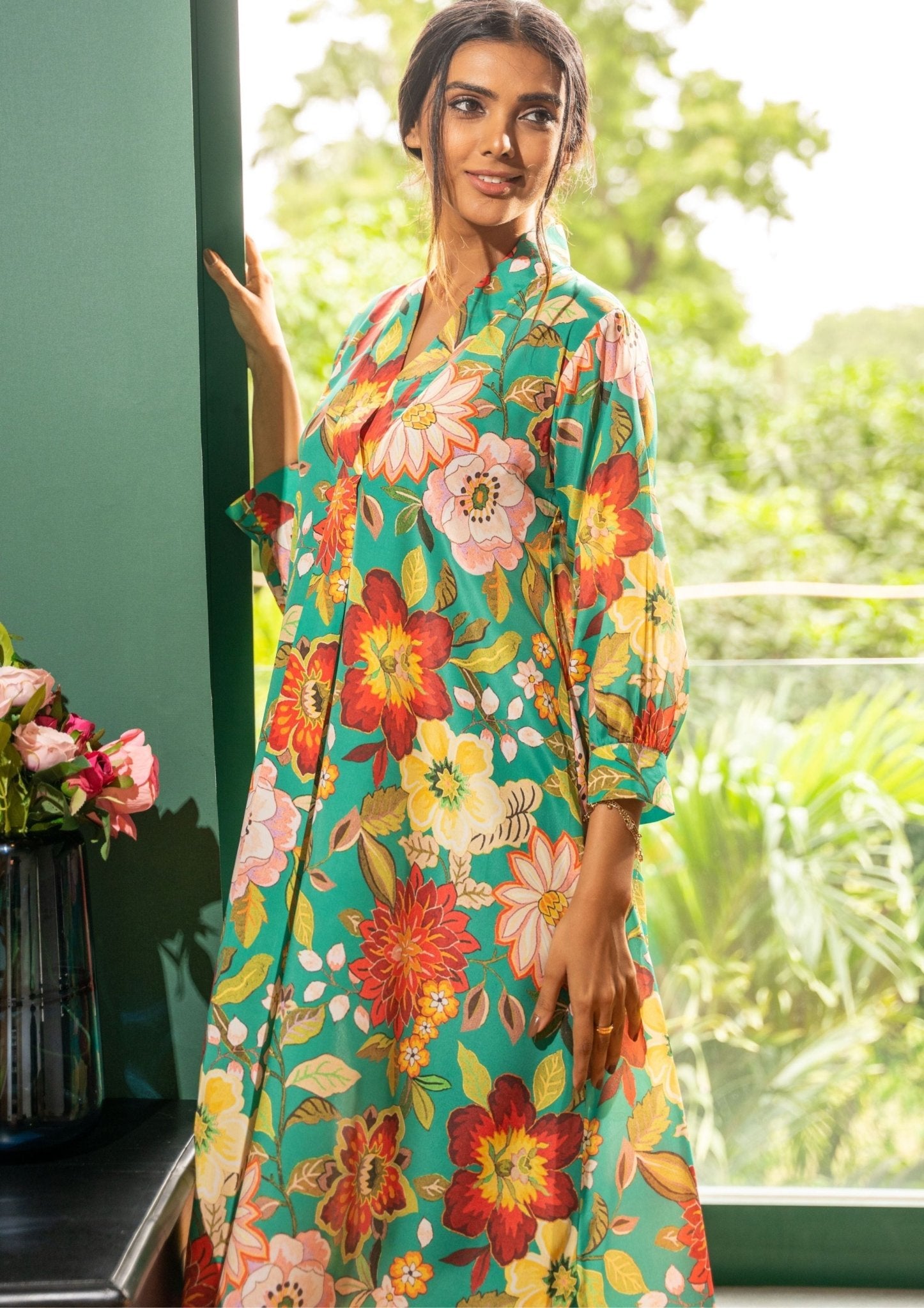 Sage Floral Green Crepe Indian Co - ord Set - doeraa