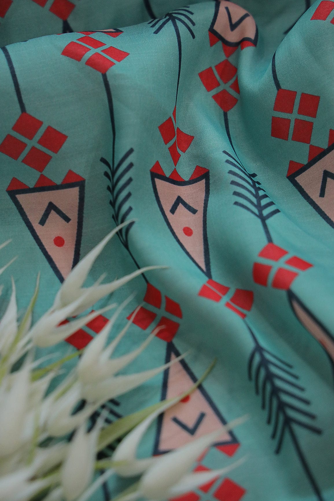Sea Blue Geometric Digital Print on Tussar Satin Fabric - doeraa