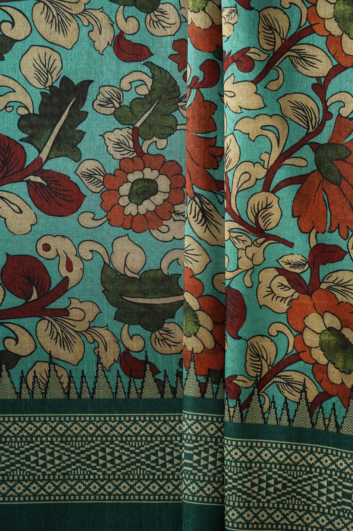 Sea Green Floral Pattern Digital Print On Mulberry Silk Fabric With Border - doeraa