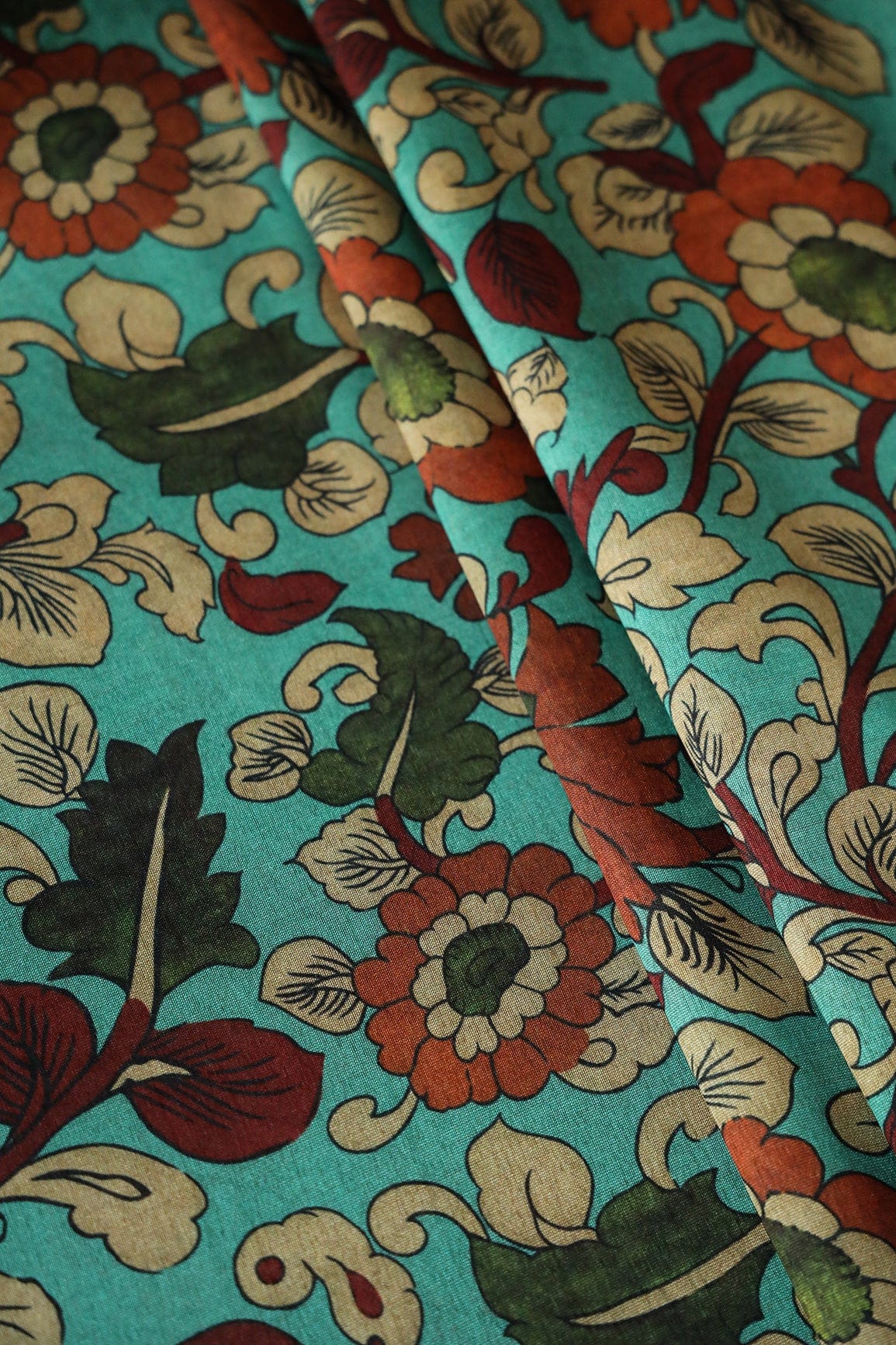 Sea Green Floral Pattern Digital Print On Mulberry Silk Fabric With Border - doeraa