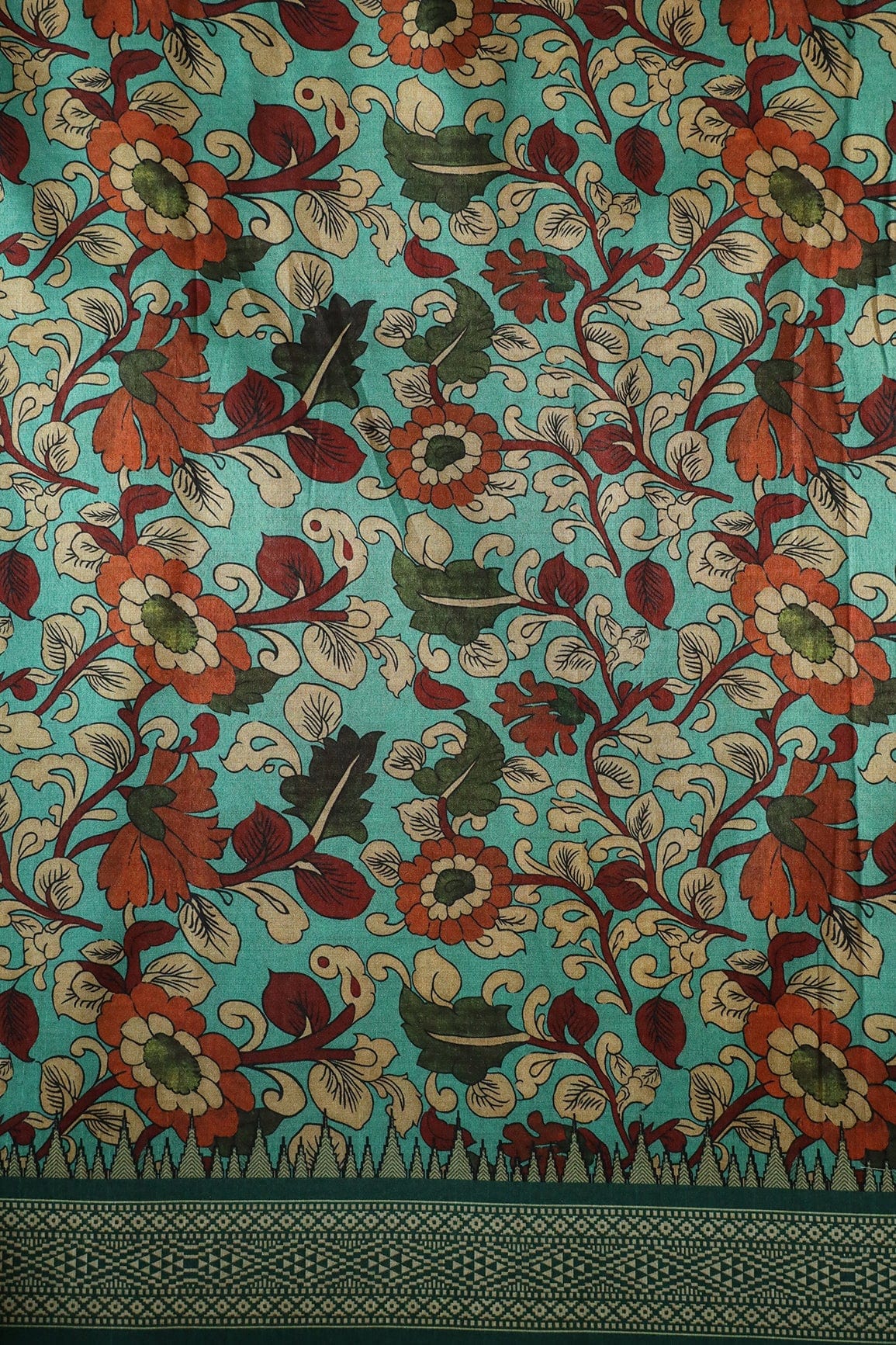 Sea Green Floral Pattern Digital Print On Mulberry Silk Fabric With Border - doeraa