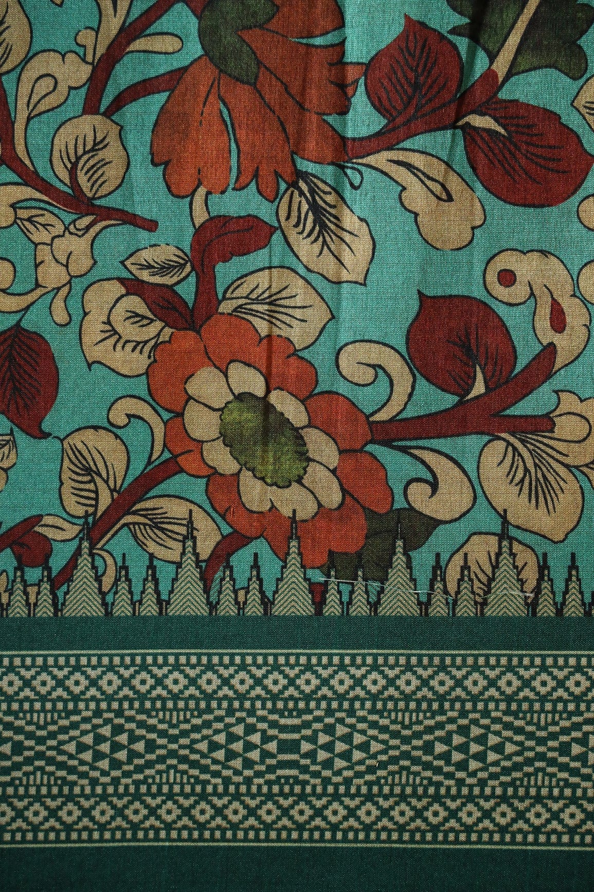 Sea Green Floral Pattern Digital Print On Mulberry Silk Fabric With Border - doeraa