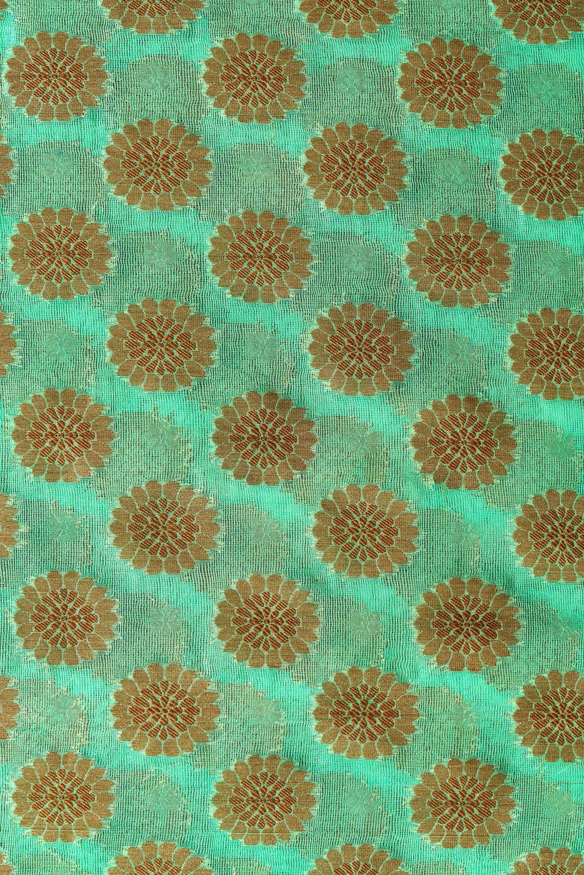 Sea Green Floral Pure Net Gold Zari Banarasi Jacquard Fabric - doeraa