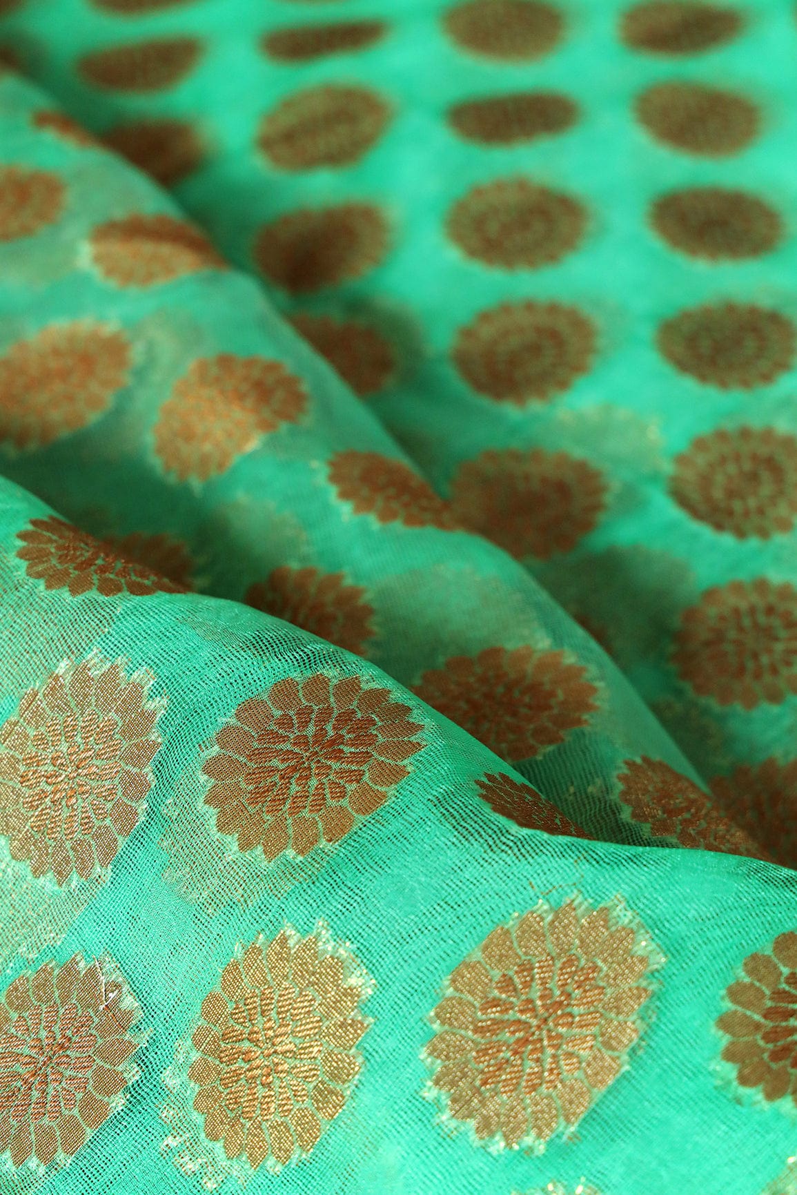 Sea Green Floral Pure Net Gold Zari Banarasi Jacquard Fabric - doeraa
