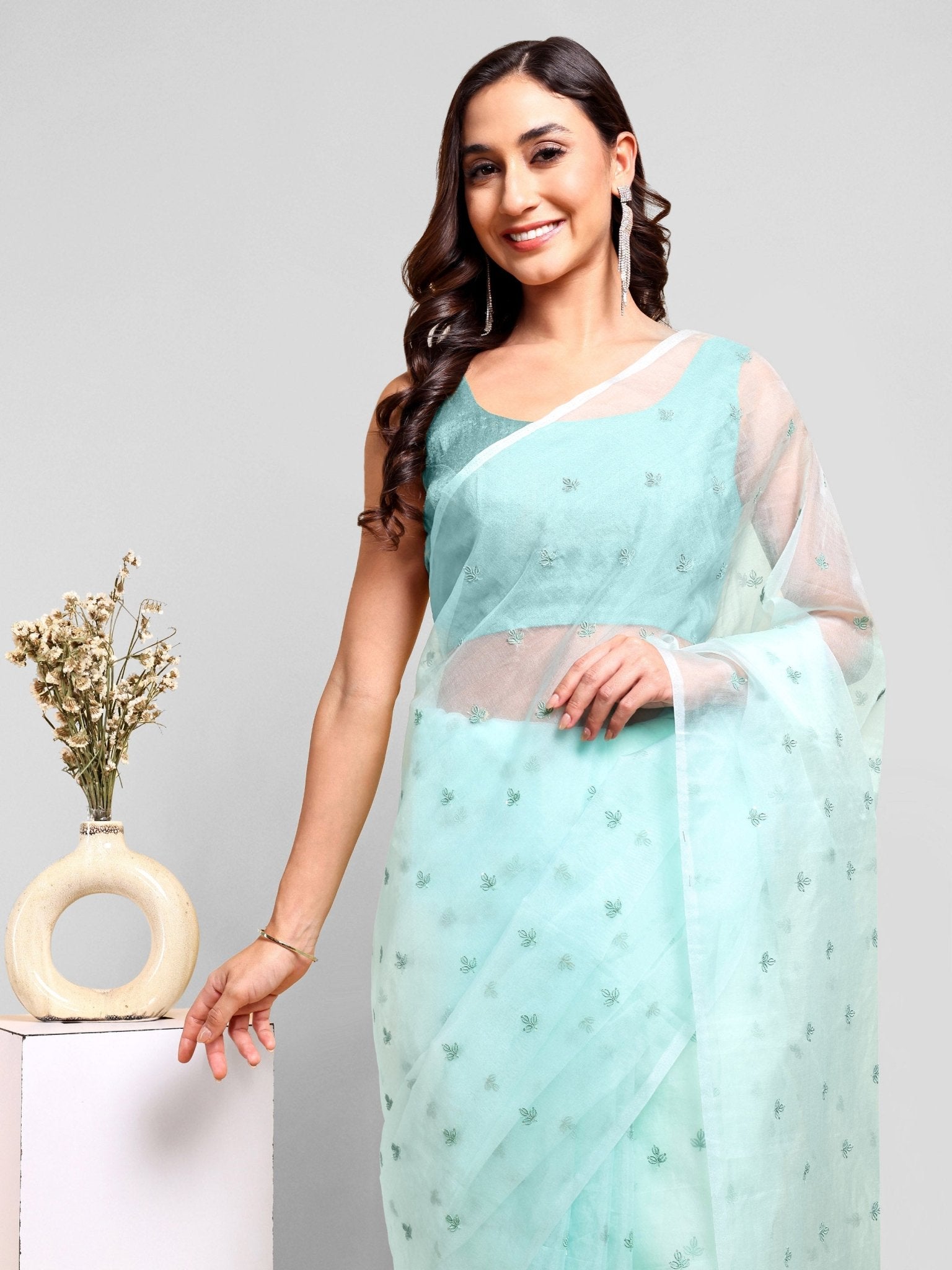 Sea Green Saree Set (2 Piece) - doeraa