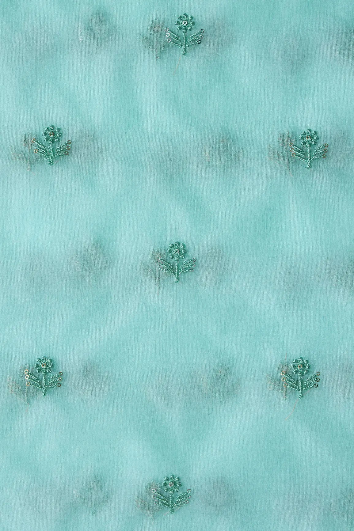Sea Green Thread With Sequins Beautiful Small Floral Motif Embroidery Work On Sea Green Organza Fabric - doeraa